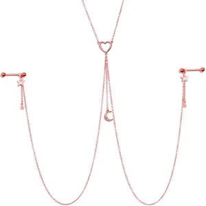 14 Gauge 5/8 Clear Gem Rose Gold Hue Star Moon Nipple Chain Necklace