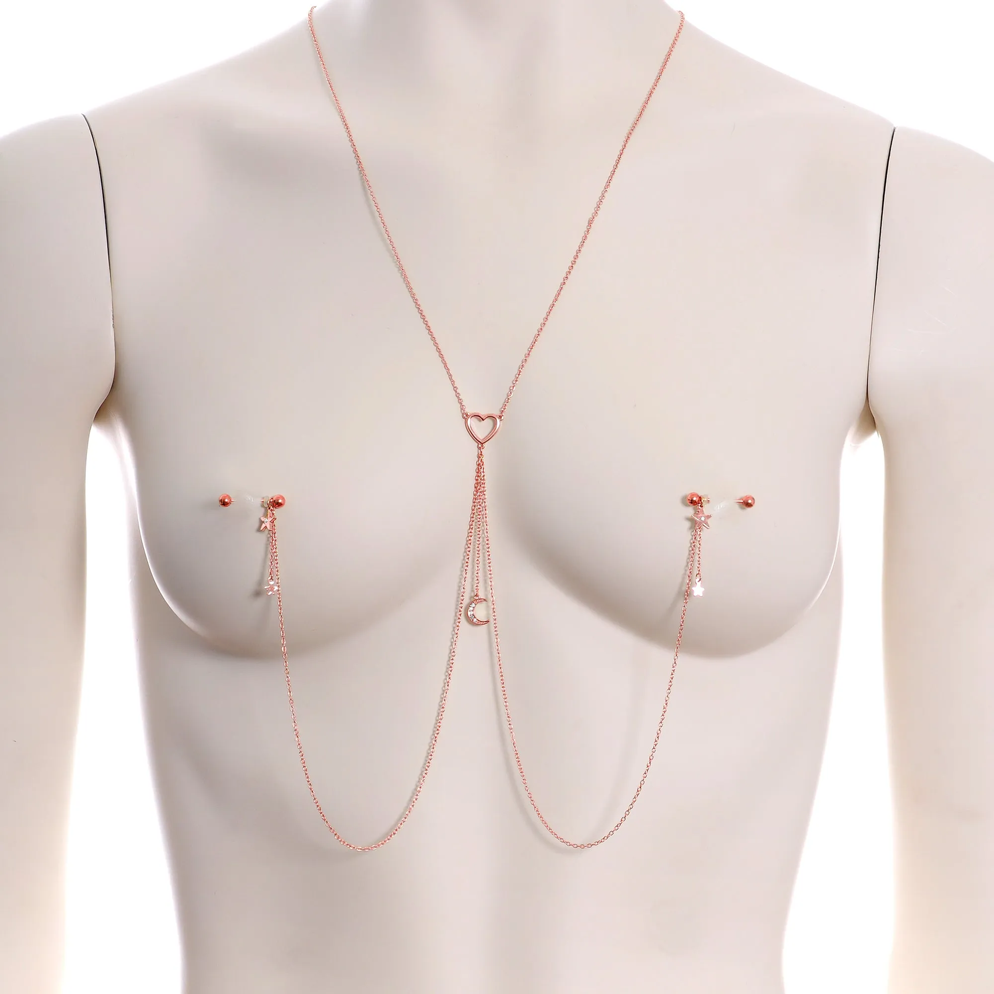 14 Gauge 5/8 Clear Gem Rose Gold Hue Star Moon Nipple Chain Necklace