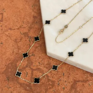 14KT Yellow Gold 7mm Black Onyx Clover Station Chain Necklace