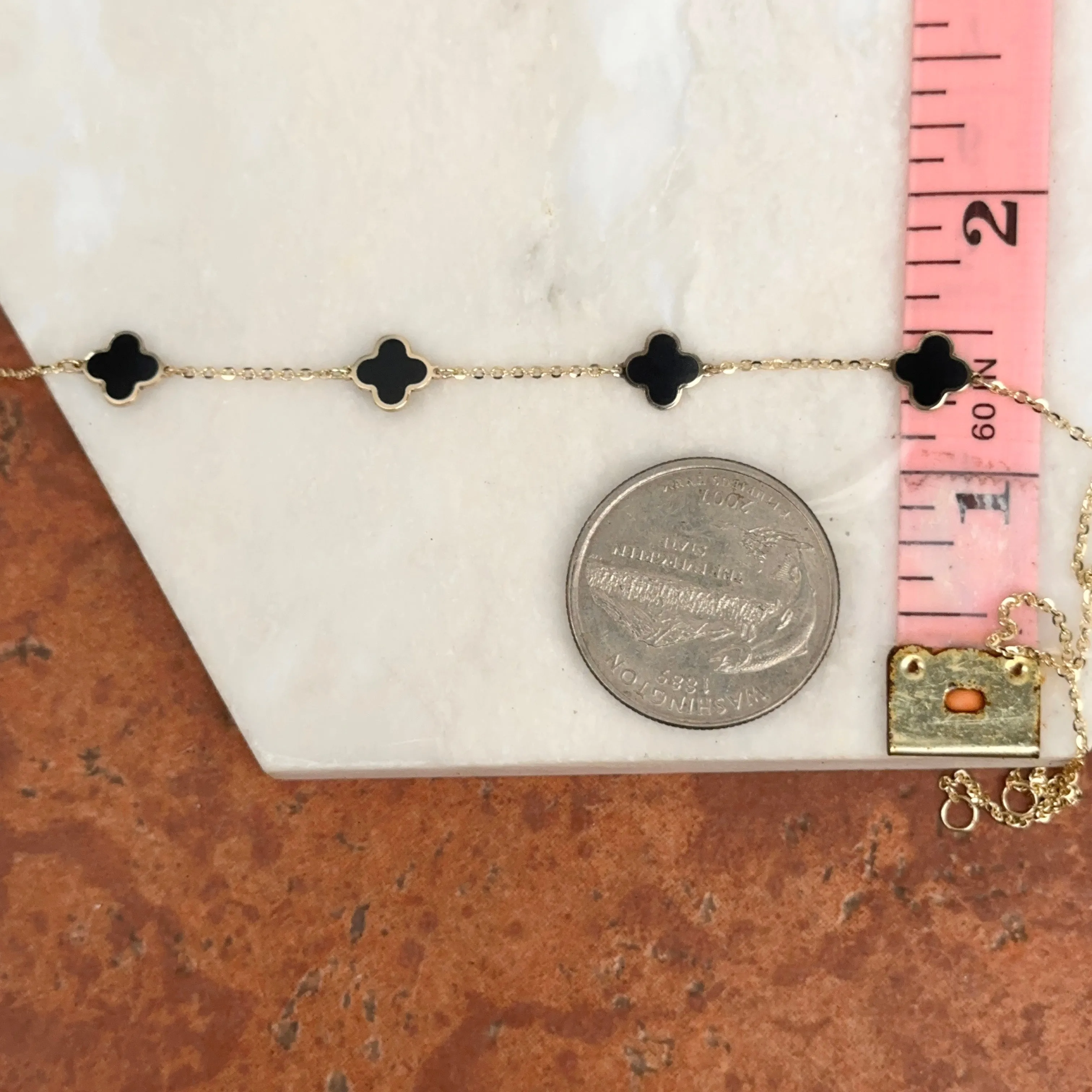 14KT Yellow Gold 7mm Black Onyx Clover Station Chain Necklace
