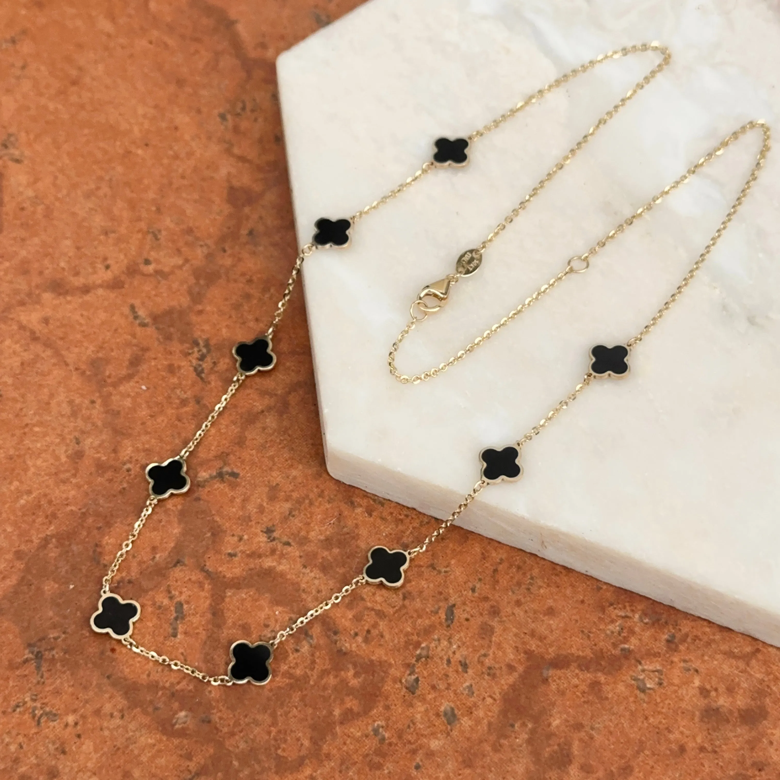 14KT Yellow Gold 7mm Black Onyx Clover Station Chain Necklace