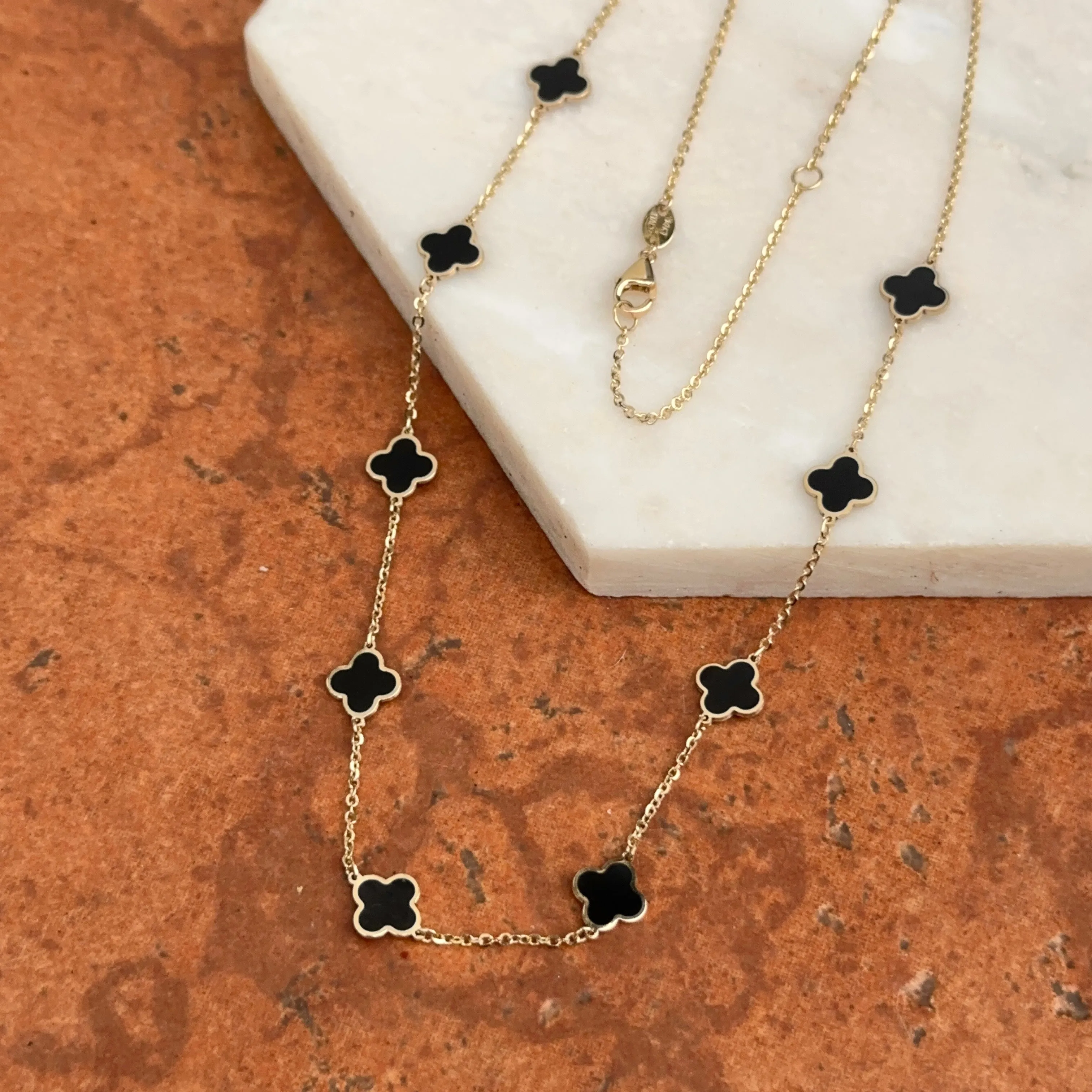 14KT Yellow Gold 7mm Black Onyx Clover Station Chain Necklace