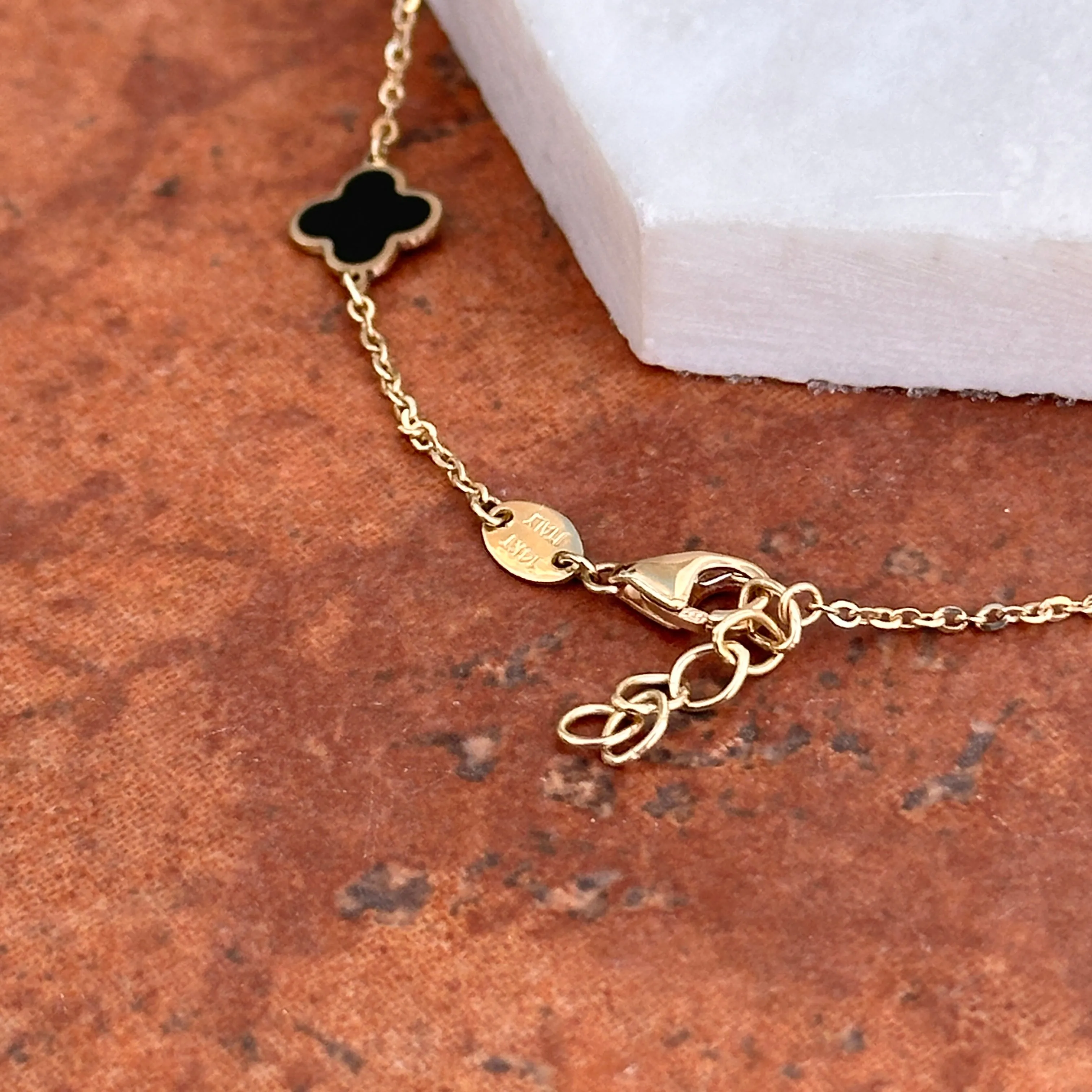 14KT Yellow Gold 7mm Black Onyx   Gold 4 Leaf Clover Charm Chain Bracelet