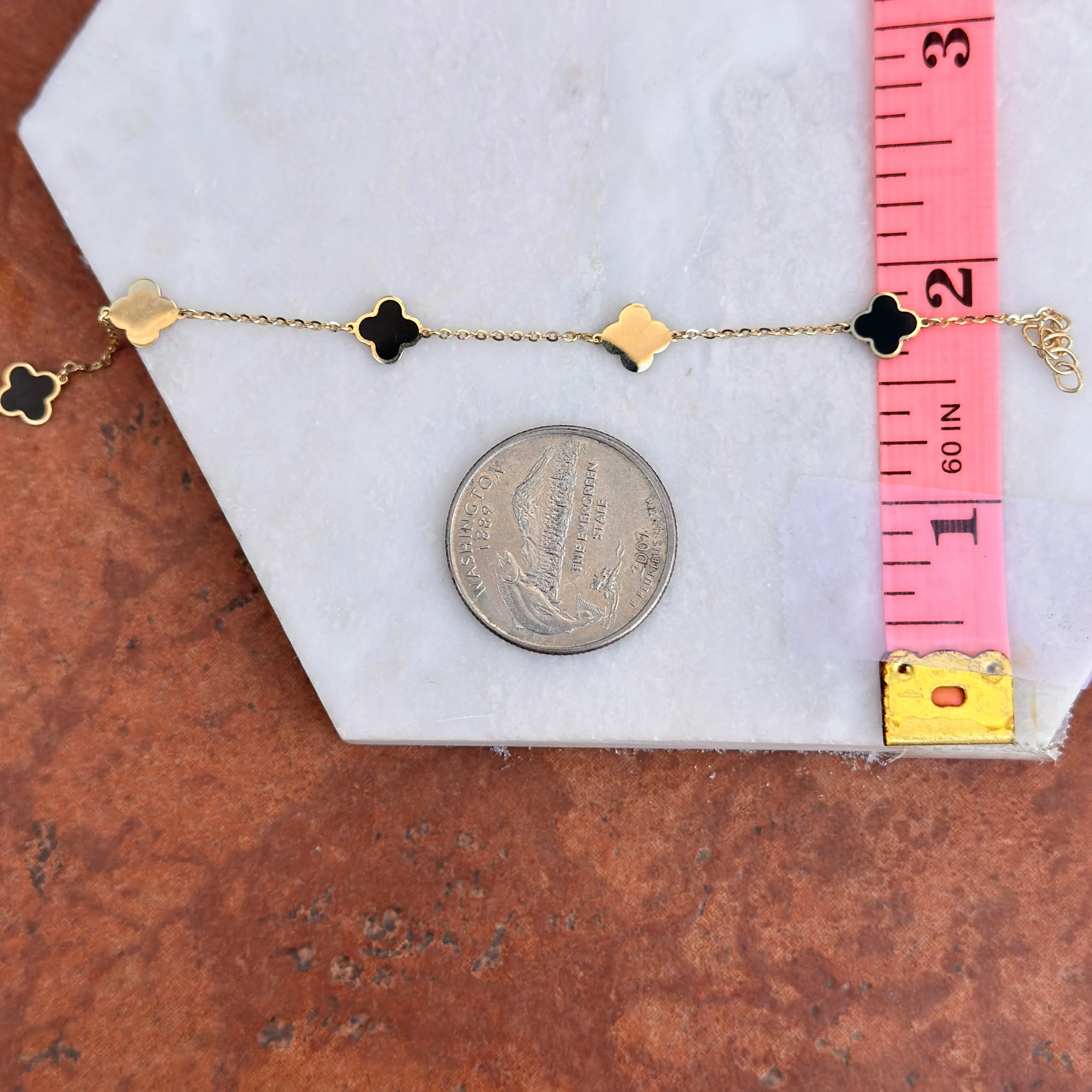 14KT Yellow Gold 7mm Black Onyx   Gold 4 Leaf Clover Charm Chain Bracelet