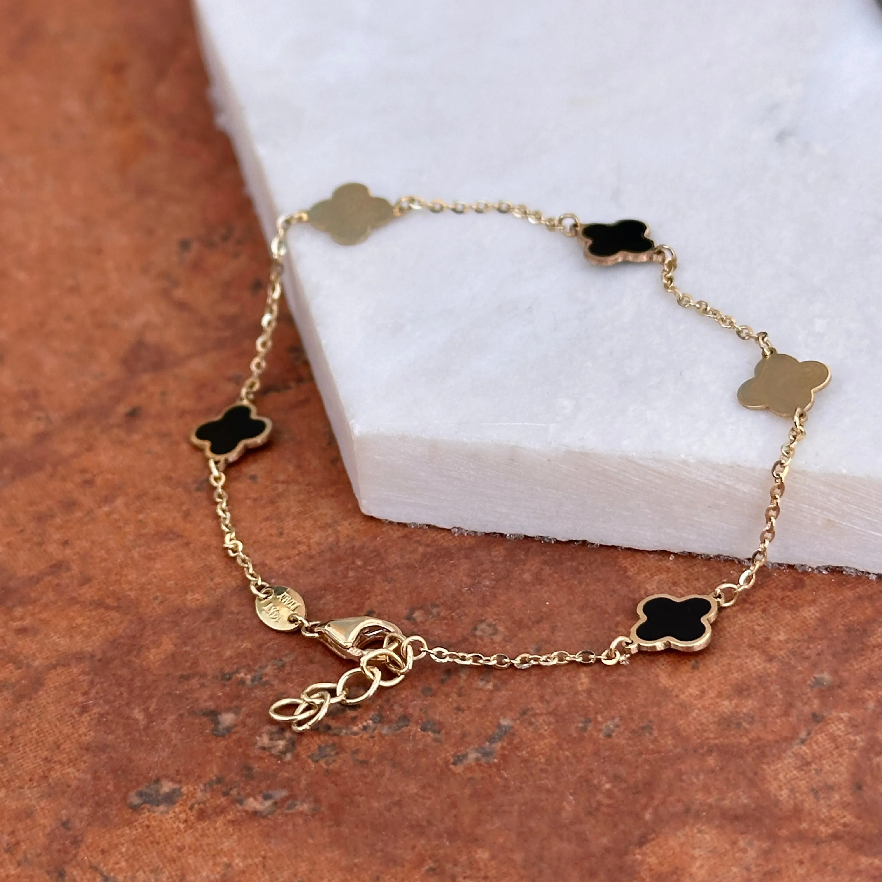14KT Yellow Gold 7mm Black Onyx   Gold 4 Leaf Clover Charm Chain Bracelet