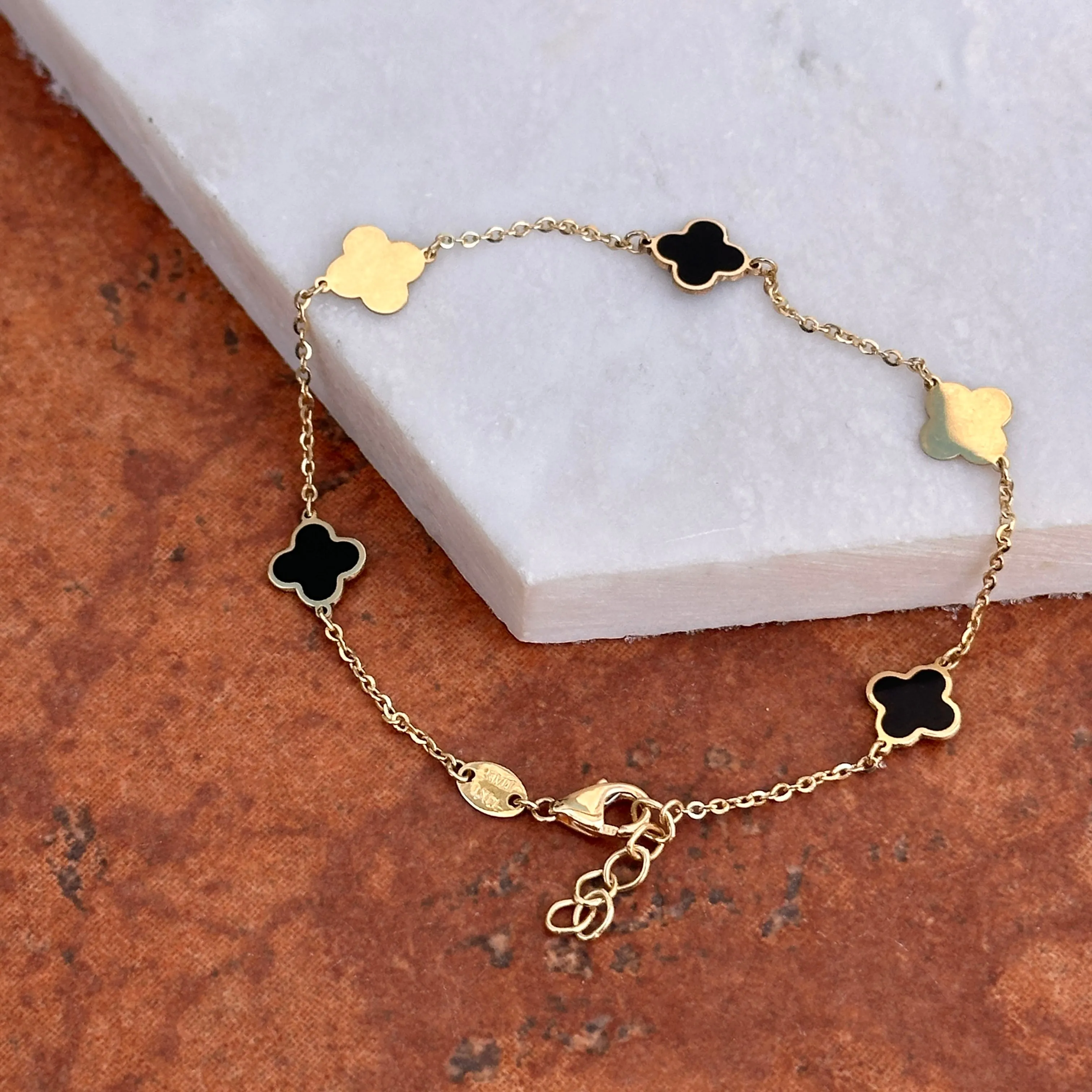 14KT Yellow Gold 7mm Black Onyx   Gold 4 Leaf Clover Charm Chain Bracelet