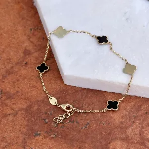 14KT Yellow Gold 7mm Black Onyx   Gold 4 Leaf Clover Charm Chain Bracelet
