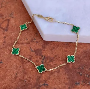 14KT Yellow Gold 7mm Malachite 4 Leaf Clover Charm Chain Bracelet