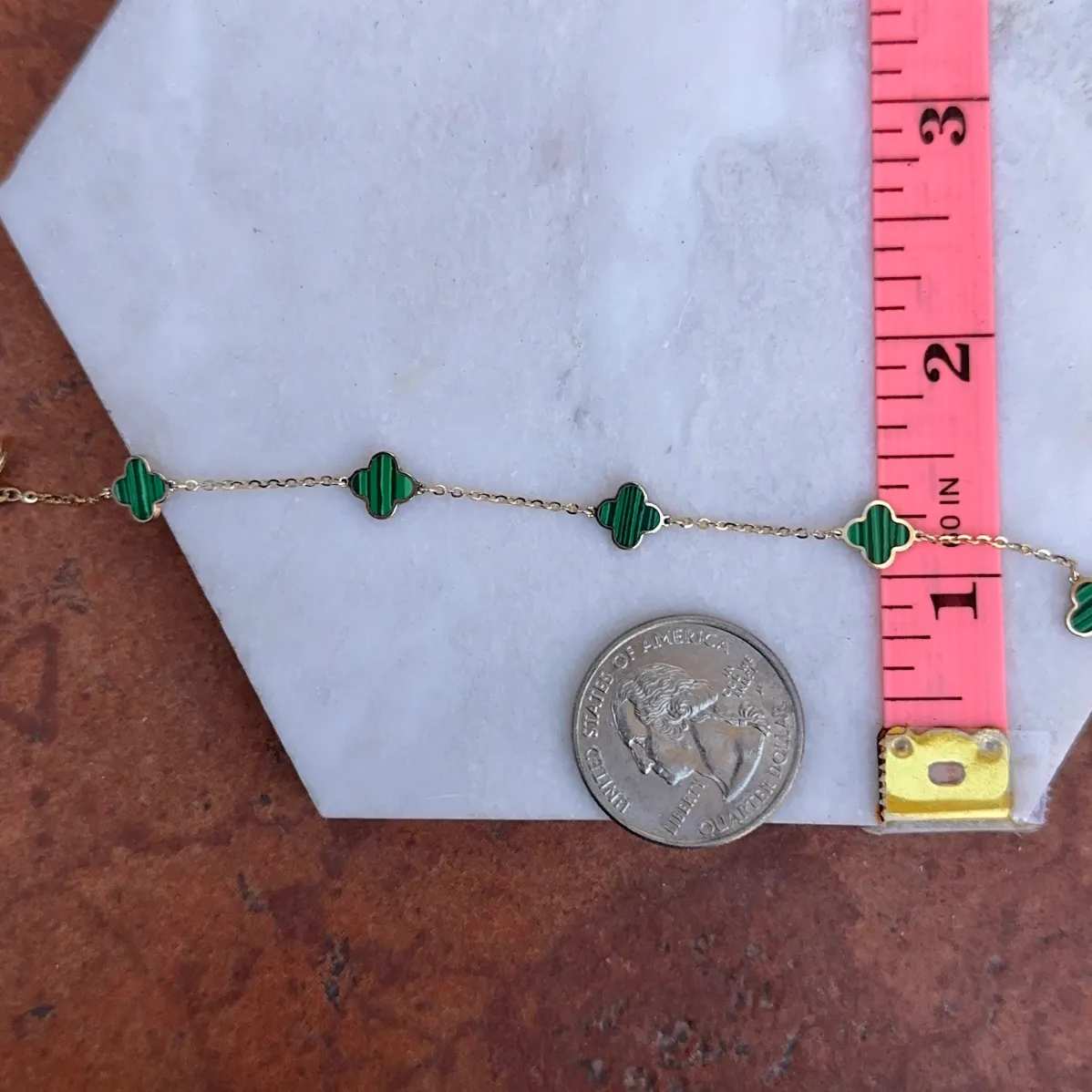 14KT Yellow Gold 7mm Malachite 4 Leaf Clover Charm Chain Bracelet