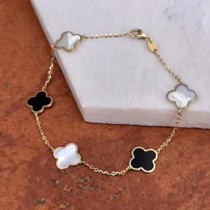 14KT Yellow Gold Black Onyx   Mother of Pearl 10mm 4 Leaf Cover Charm Chain Bracelet