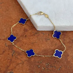 14KT Yellow Gold Blue Lapis 10mm 4 Leaf Clover Charm Chain Bracelet