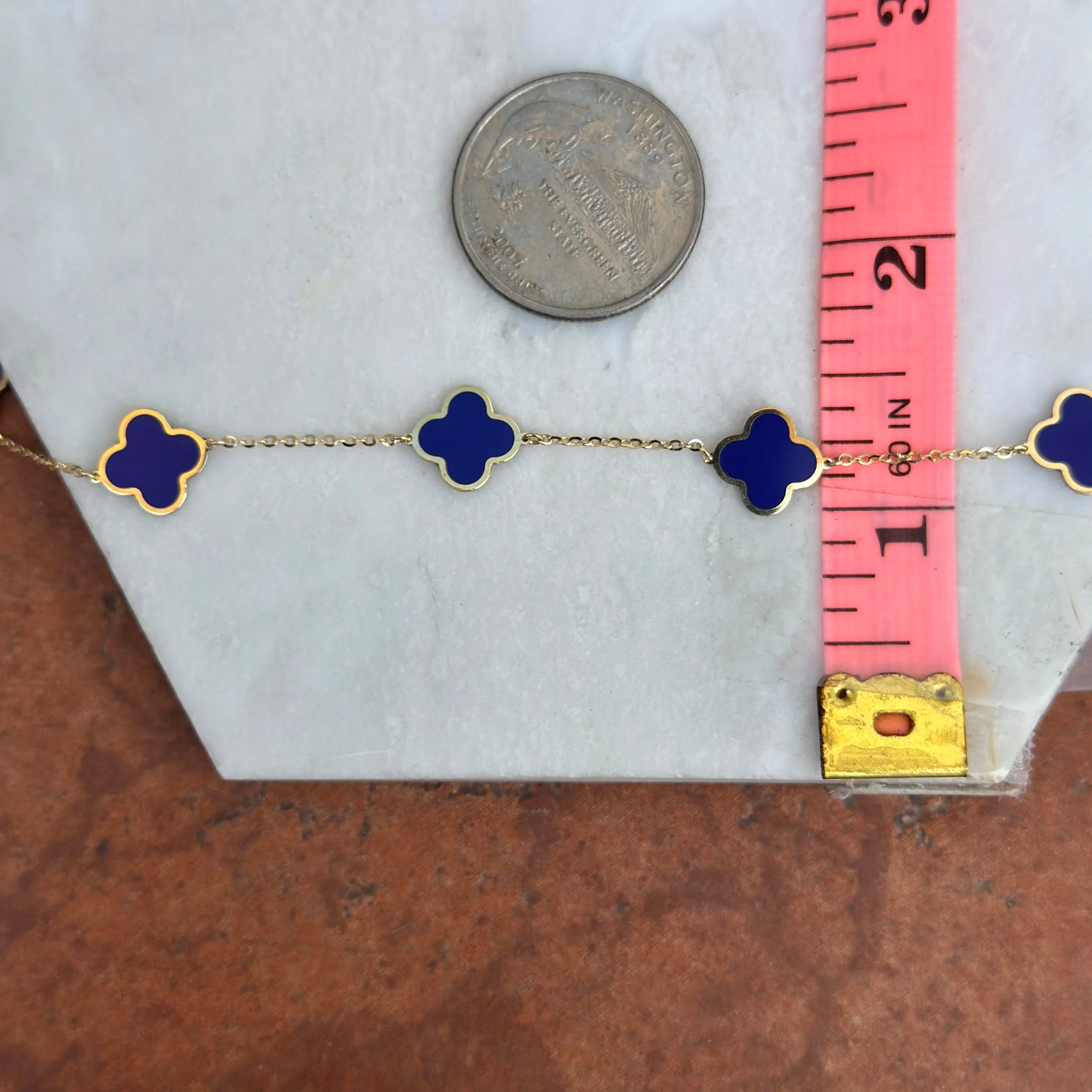 14KT Yellow Gold Blue Lapis 10mm 4 Leaf Clover Charm Chain Bracelet