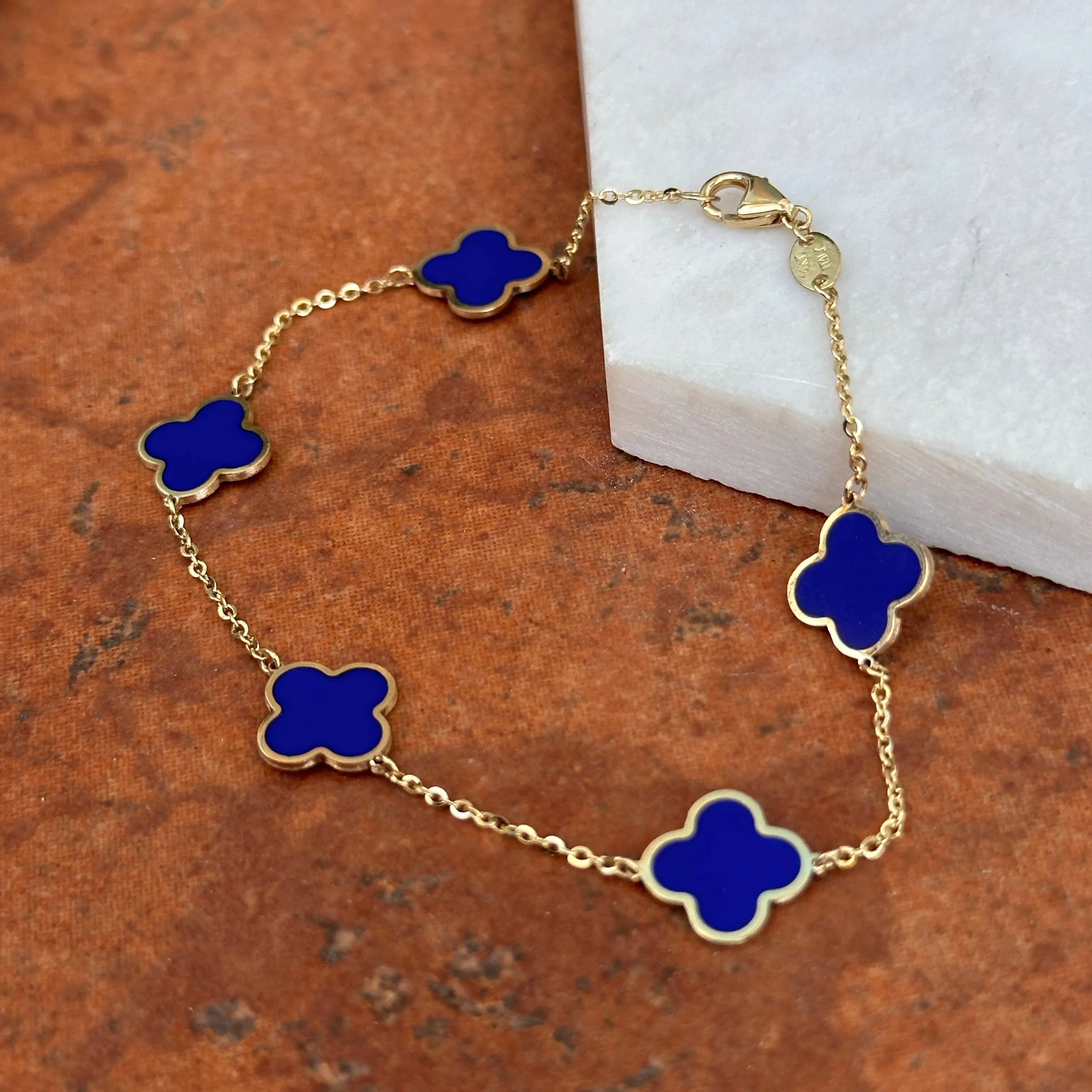 14KT Yellow Gold Blue Lapis 10mm 4 Leaf Clover Charm Chain Bracelet