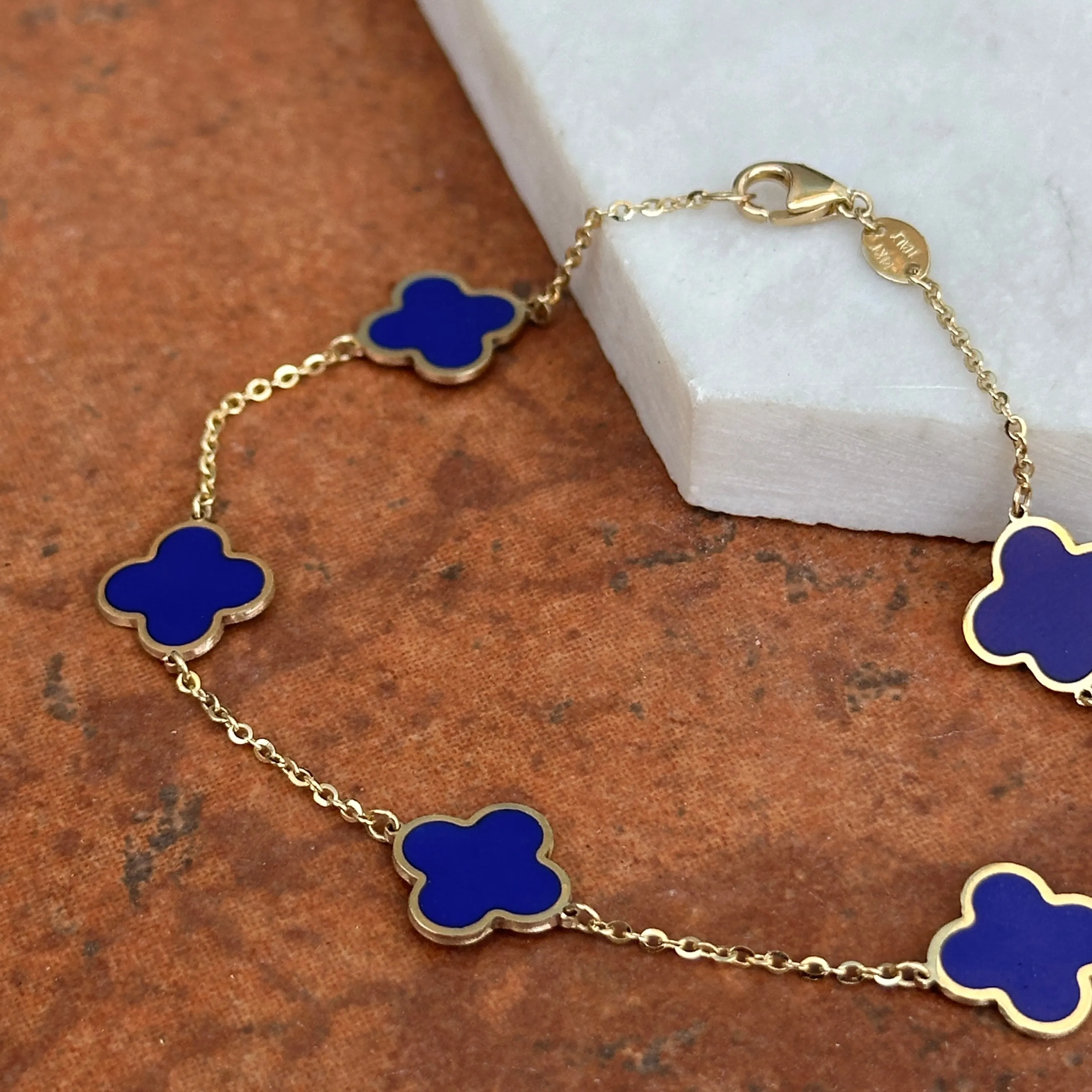14KT Yellow Gold Blue Lapis 10mm 4 Leaf Clover Charm Chain Bracelet
