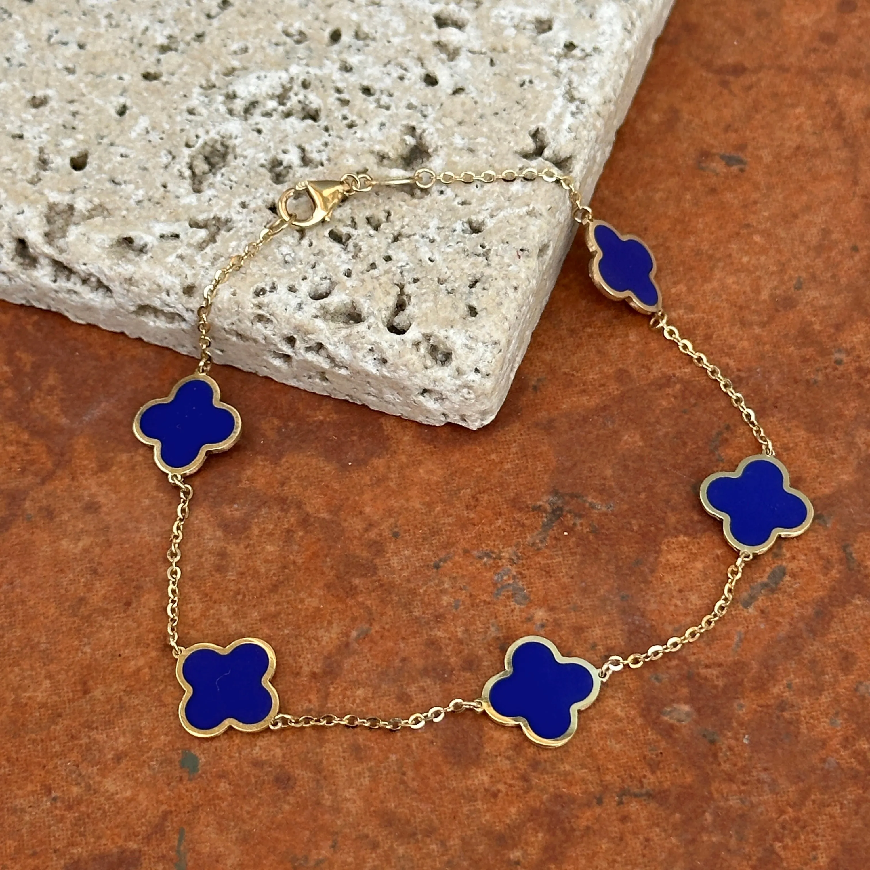 14KT Yellow Gold Blue Lapis 10mm 4 Leaf Clover Charm Chain Bracelet