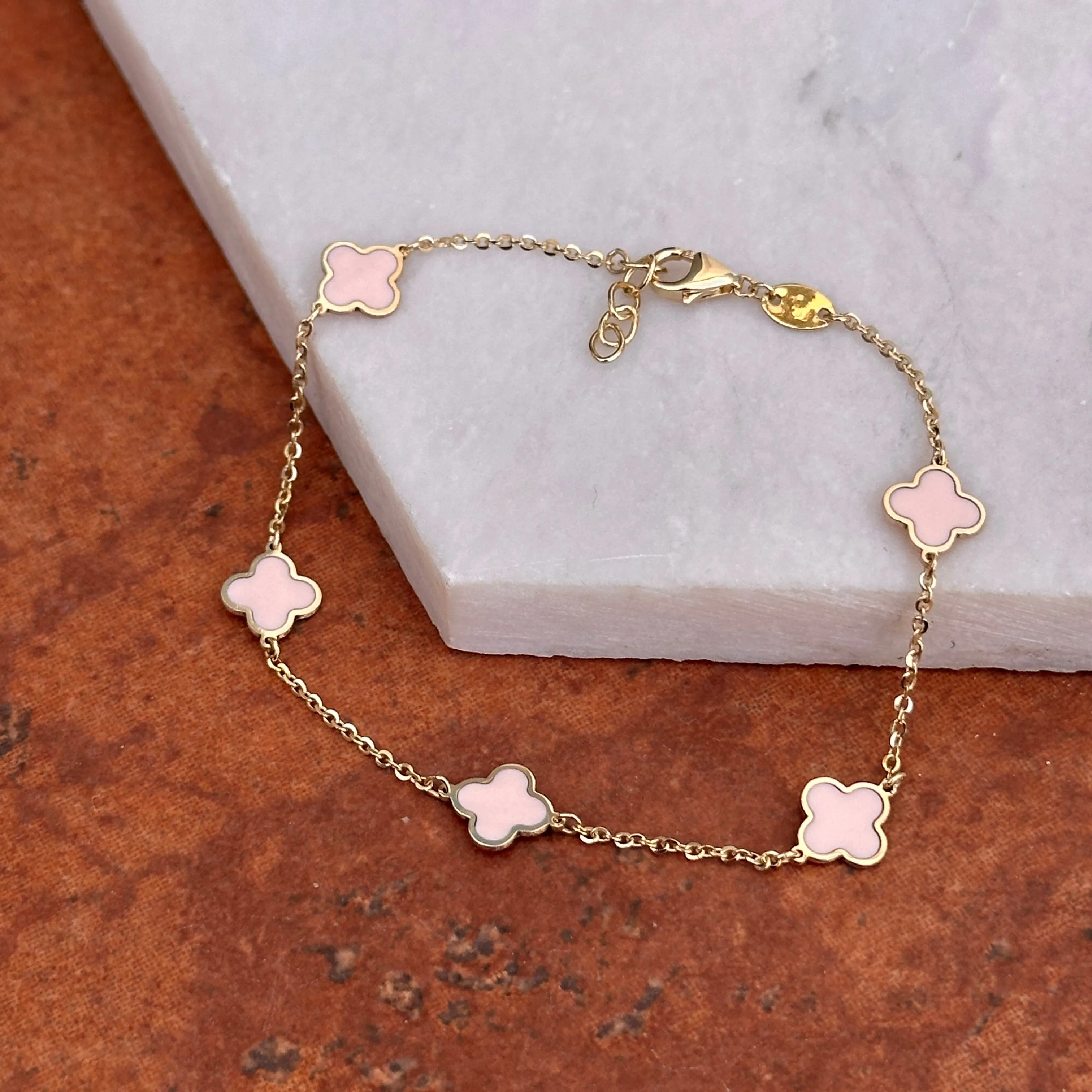 14KT Yellow Gold Light Pink Enamel 7mm Clover Station Bracelet