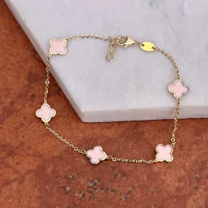 14KT Yellow Gold Light Pink Enamel 7mm Clover Station Bracelet