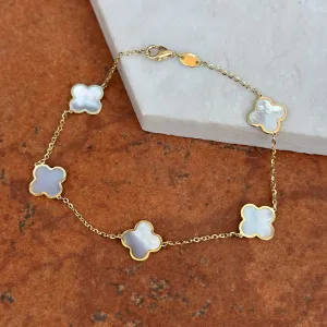 14KT Yellow Gold Mother of Pearl 10mm 4 Leaf Clover Charm Chain Bracelet