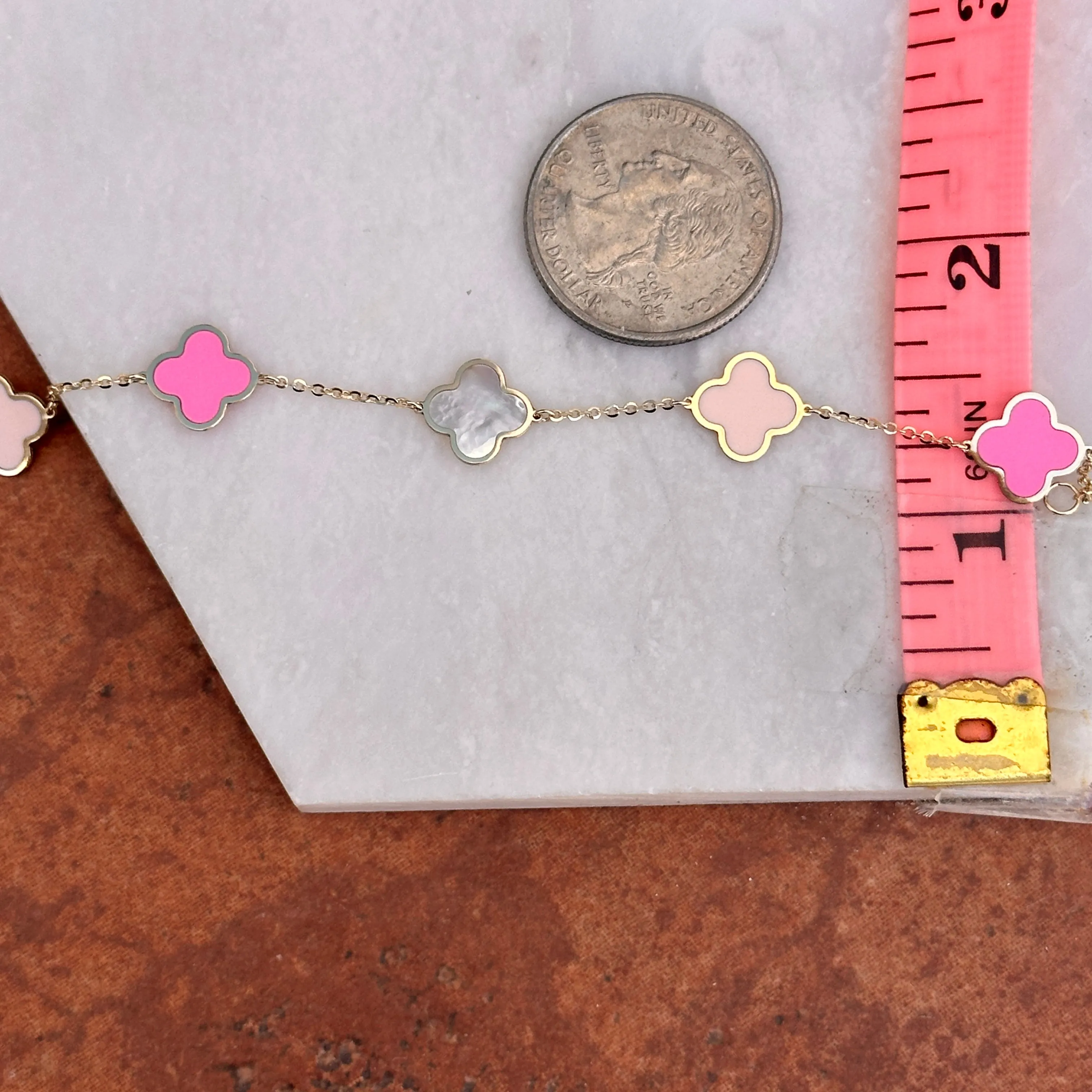 14KT Yellow Gold Pink Enamel   Mother of Pearl 10mm 4 Leaf Clover Charm Bracelet