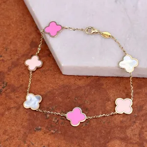 14KT Yellow Gold Pink Enamel   Mother of Pearl 10mm 4 Leaf Clover Charm Bracelet