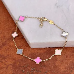 14KT Yellow Gold Pink Enamel   Mother of Pearl 7mm Clover Station Bracelet