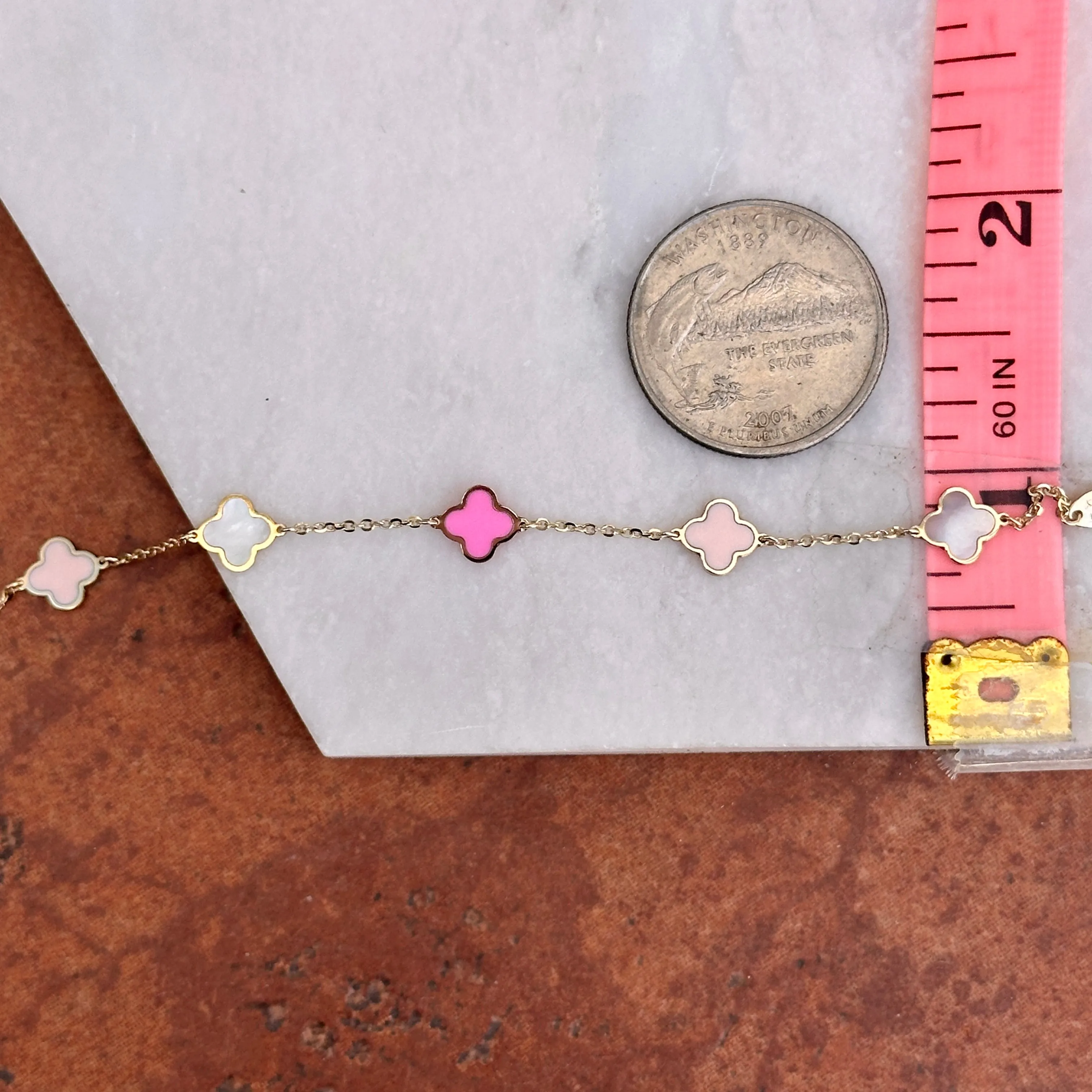 14KT Yellow Gold Pink Enamel   Mother of Pearl 7mm Clover Station Bracelet