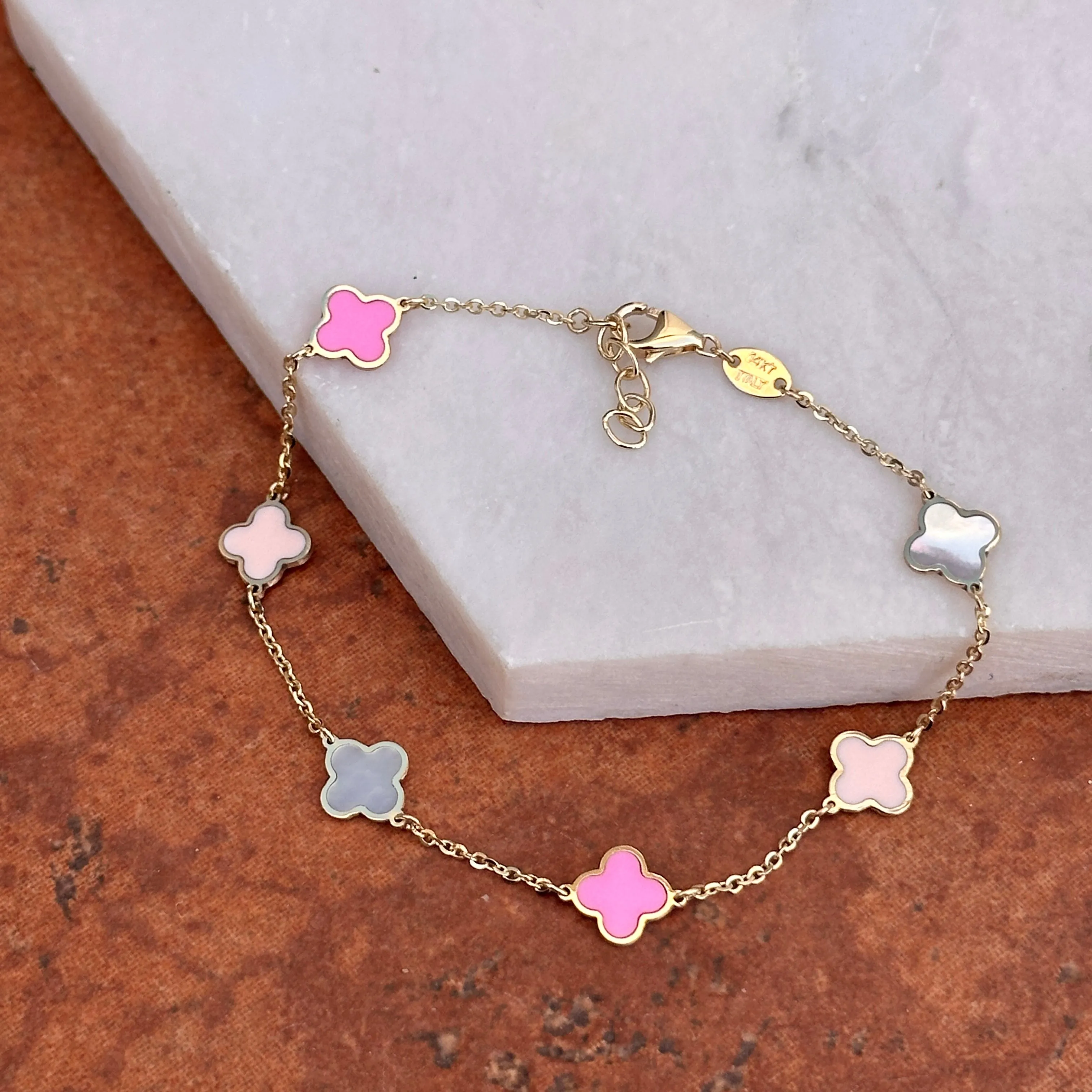 14KT Yellow Gold Pink Enamel   Mother of Pearl 7mm Clover Station Bracelet