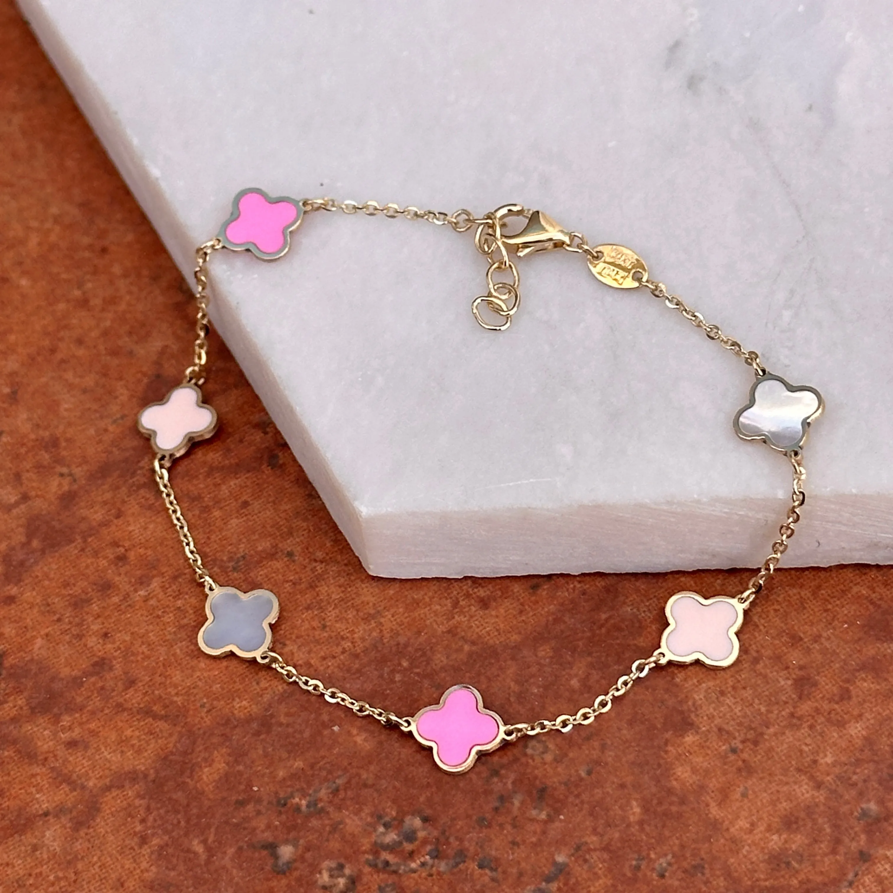 14KT Yellow Gold Pink Enamel   Mother of Pearl 7mm Clover Station Bracelet