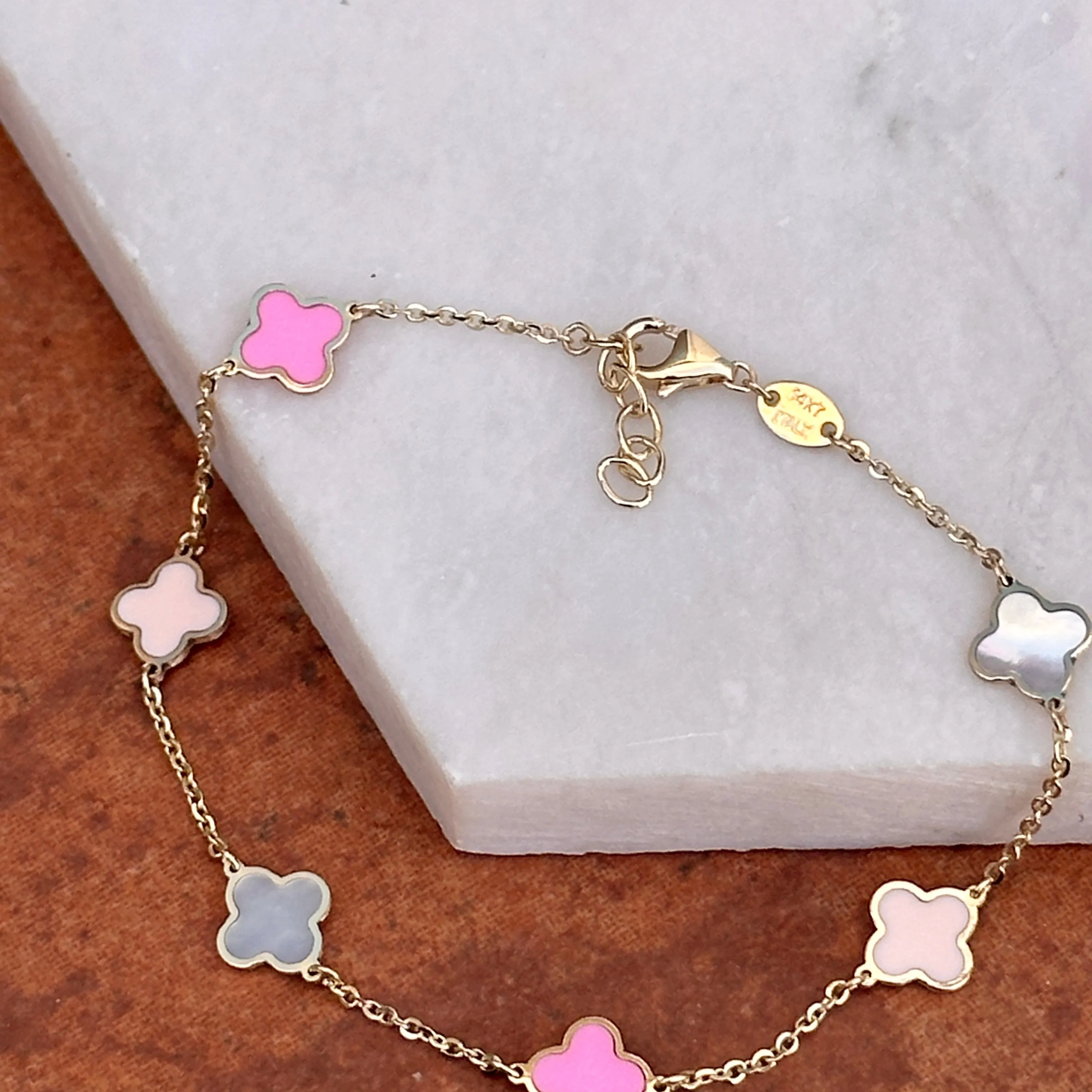 14KT Yellow Gold Pink Enamel   Mother of Pearl 7mm Clover Station Bracelet