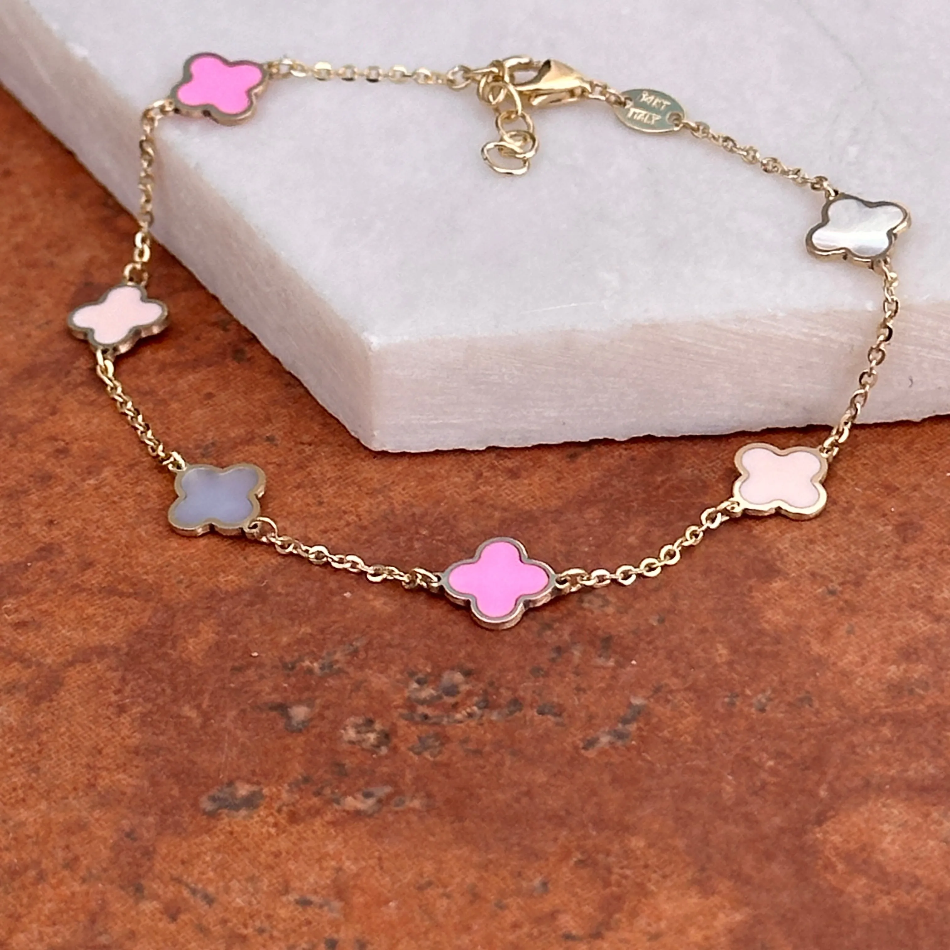 14KT Yellow Gold Pink Enamel   Mother of Pearl 7mm Clover Station Bracelet