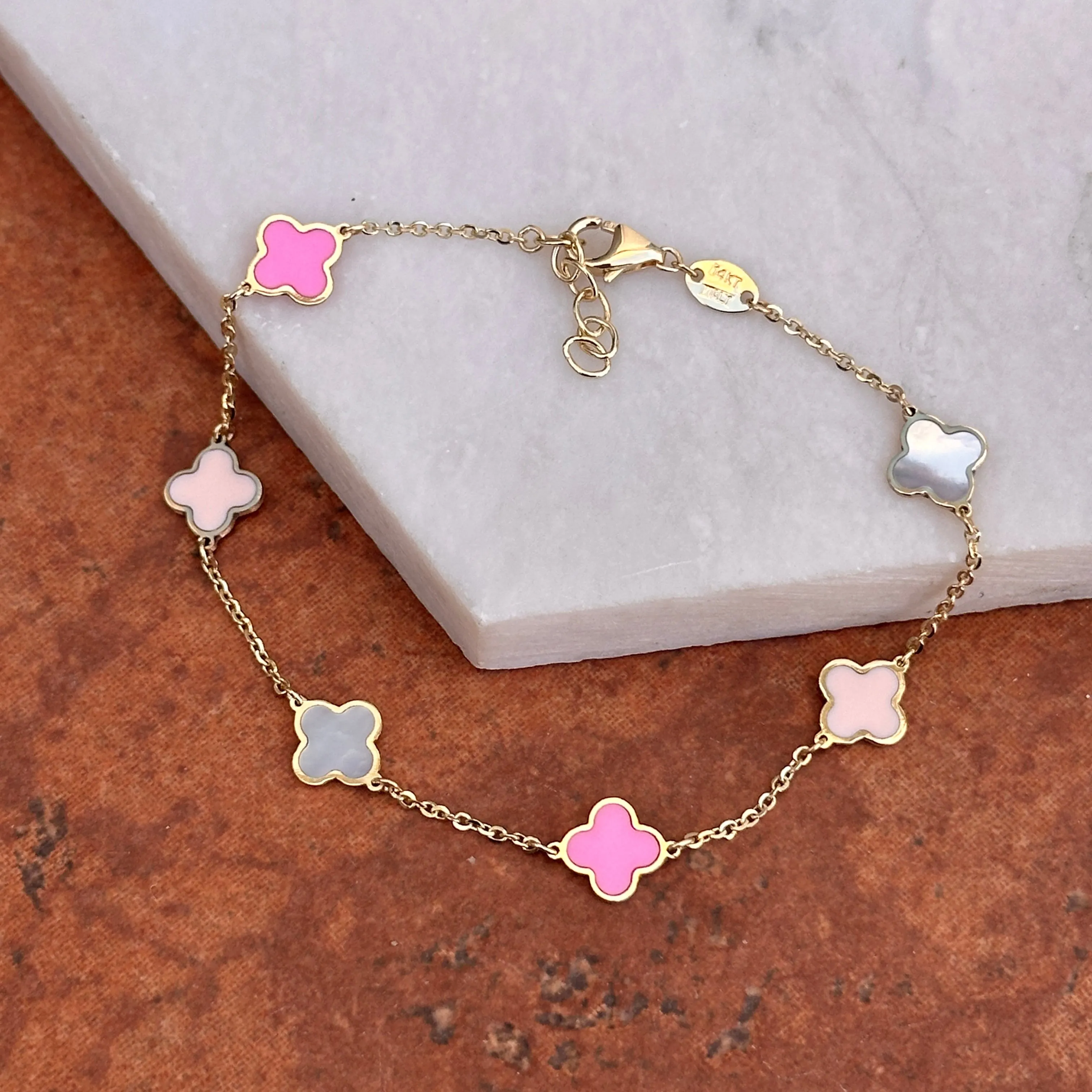 14KT Yellow Gold Pink Enamel   Mother of Pearl 7mm Clover Station Bracelet