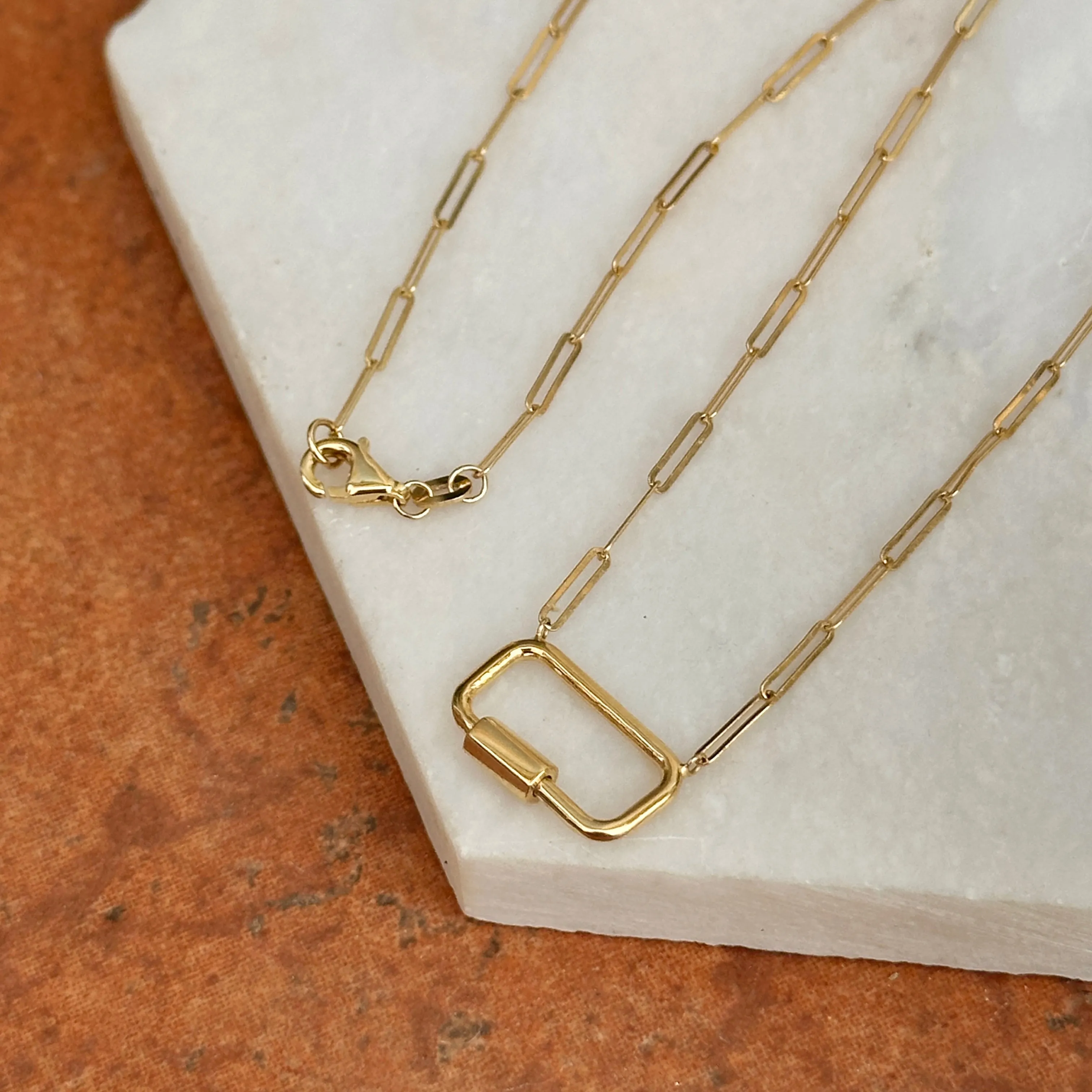 14KT Yellow Gold Rectangle Carabiner Charm Holder Paper Clip Necklace