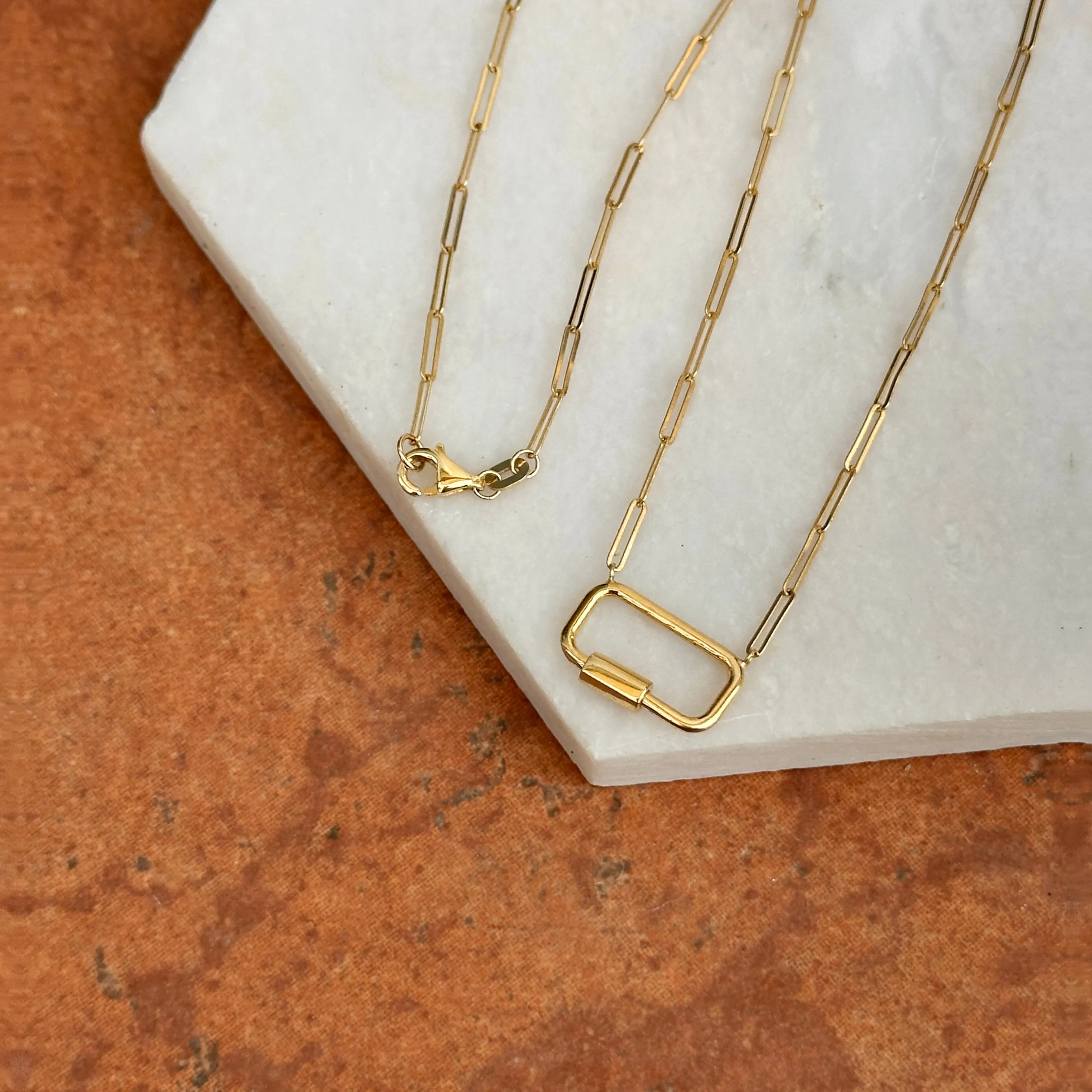 14KT Yellow Gold Rectangle Carabiner Charm Holder Paper Clip Necklace