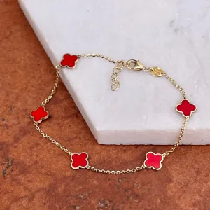 14KT Yellow Gold Red Enamel 7mm Clover Station Chain Bracelet