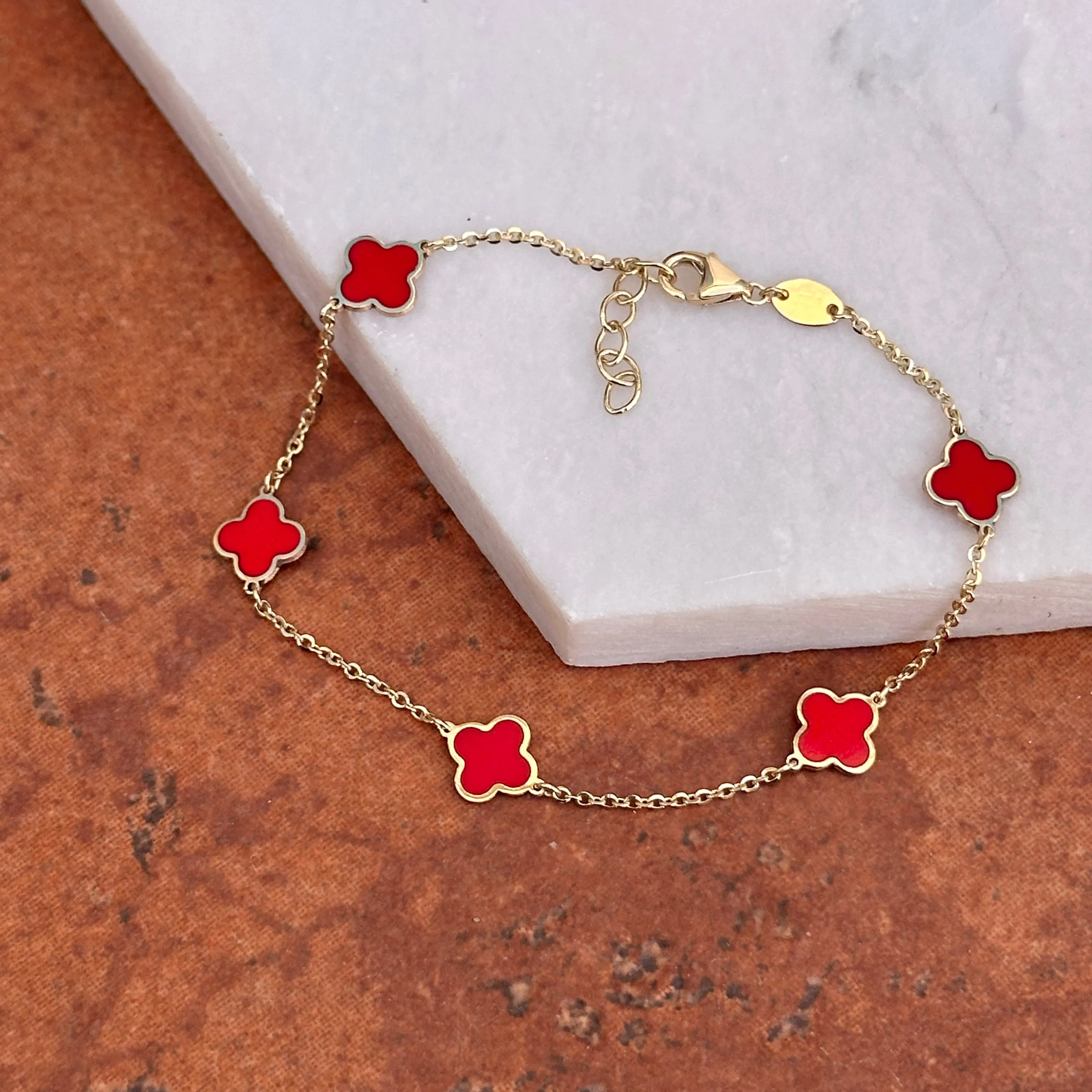 14KT Yellow Gold Red Enamel 7mm Clover Station Chain Bracelet