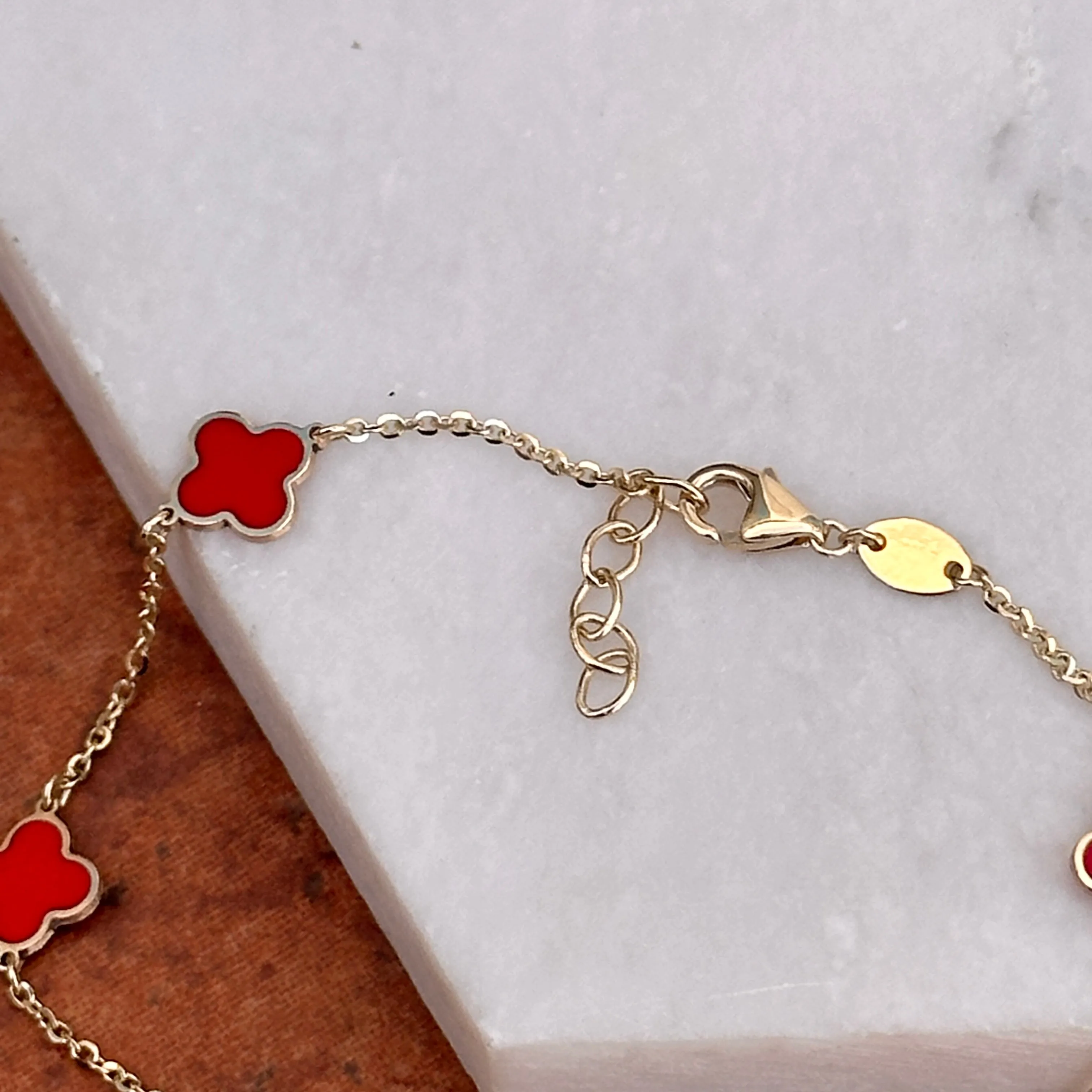 14KT Yellow Gold Red Enamel 7mm Clover Station Chain Bracelet
