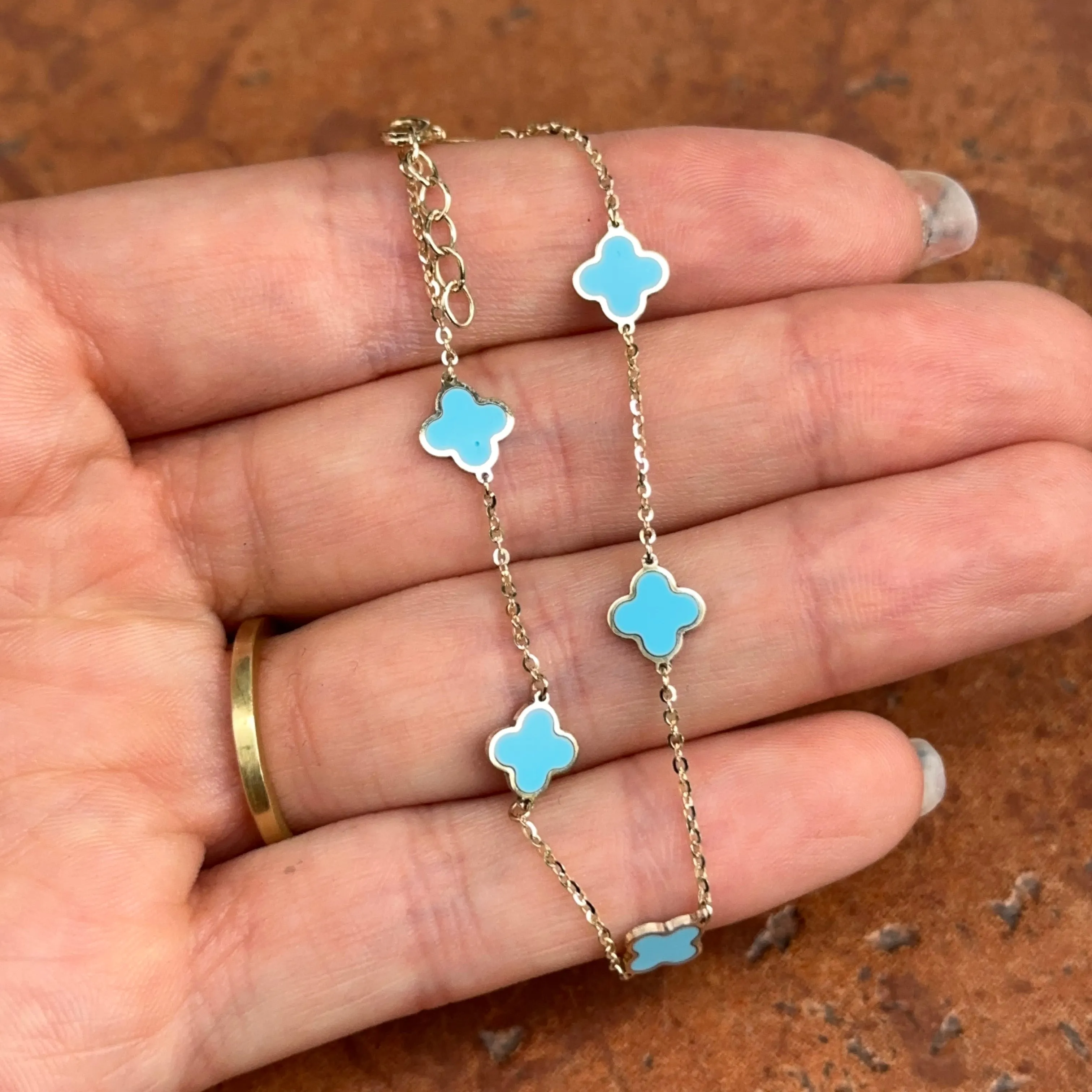 14KT Yellow Gold Turquoise 7mm Clover Station Chain Bracelet