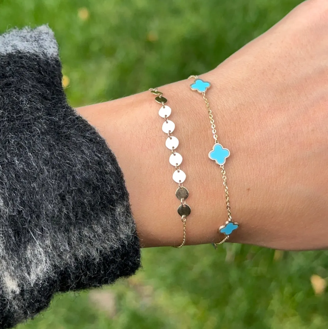 14KT Yellow Gold Turquoise 7mm Clover Station Chain Bracelet