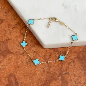 14KT Yellow Gold Turquoise 7mm Clover Station Chain Bracelet