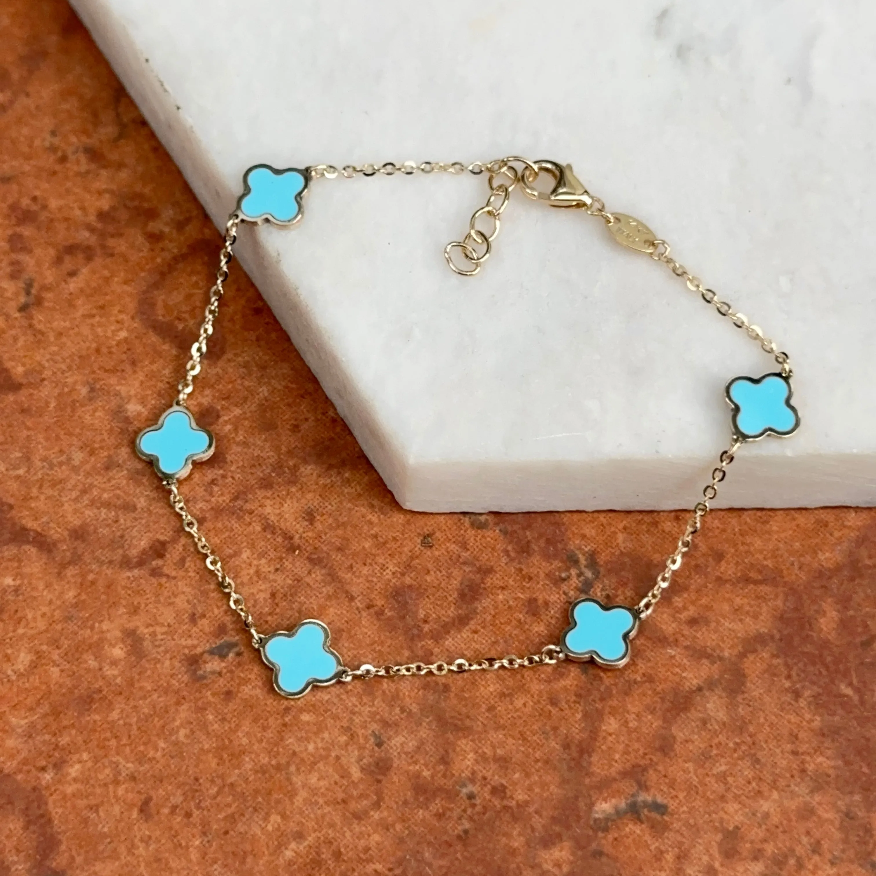 14KT Yellow Gold Turquoise 7mm Clover Station Chain Bracelet