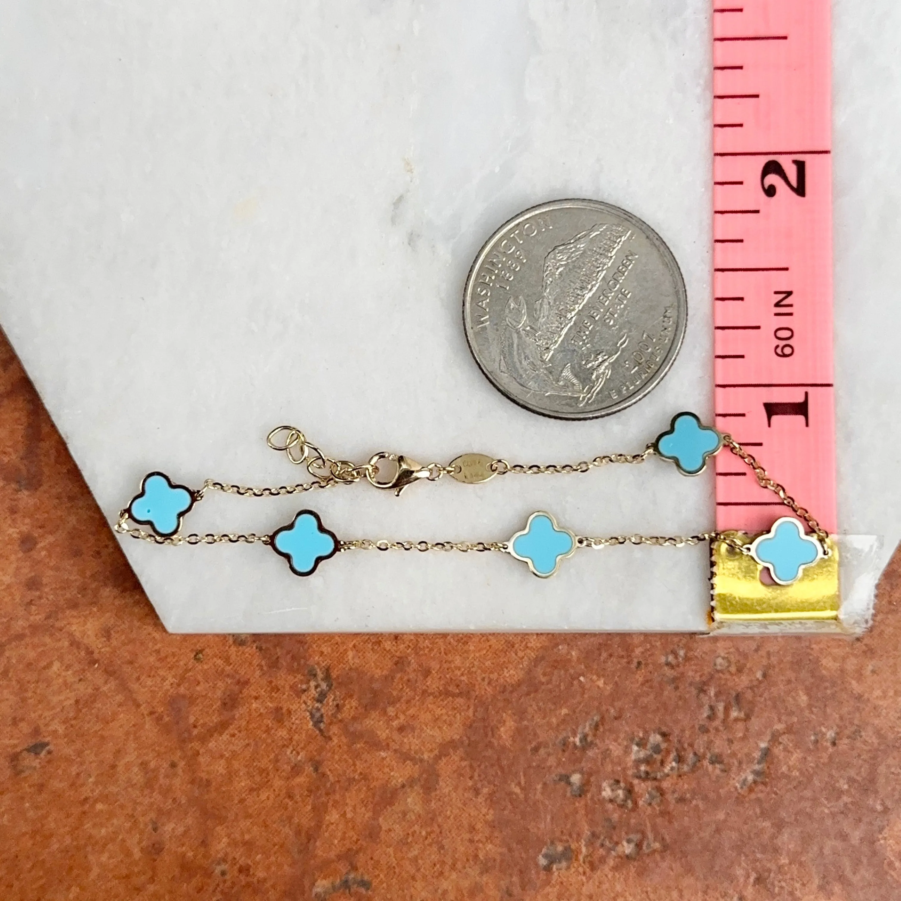 14KT Yellow Gold Turquoise 7mm Clover Station Chain Bracelet
