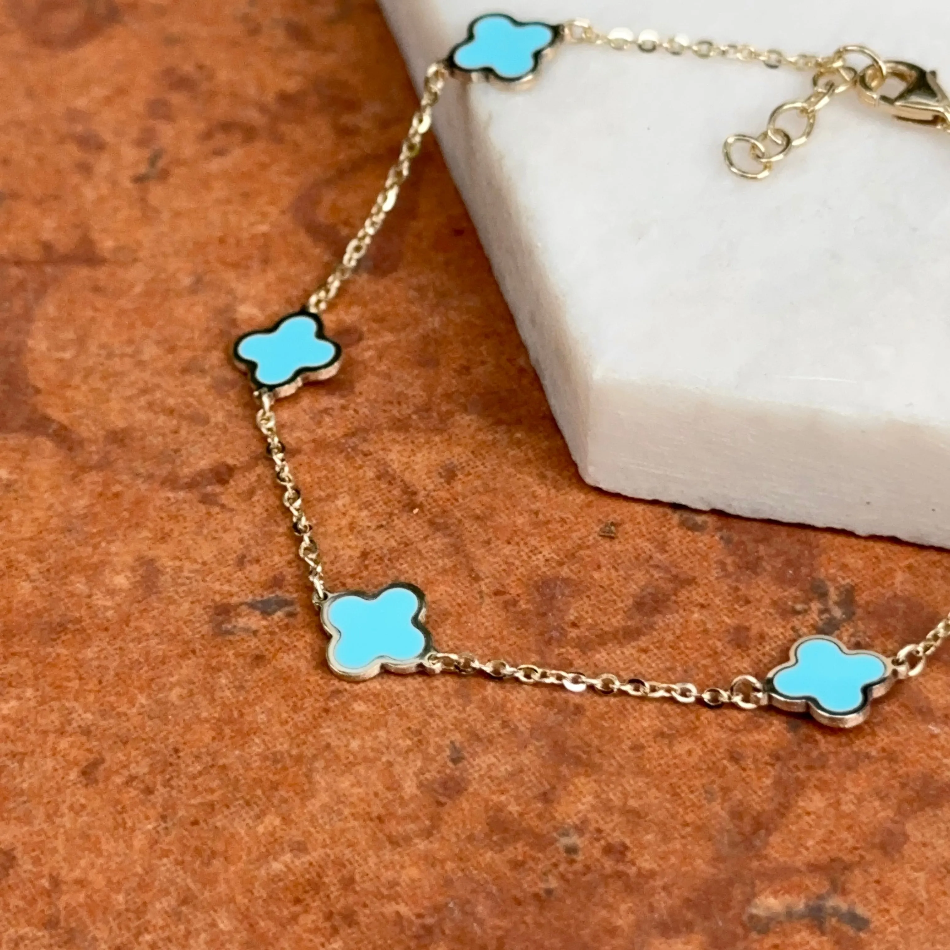 14KT Yellow Gold Turquoise 7mm Clover Station Chain Bracelet