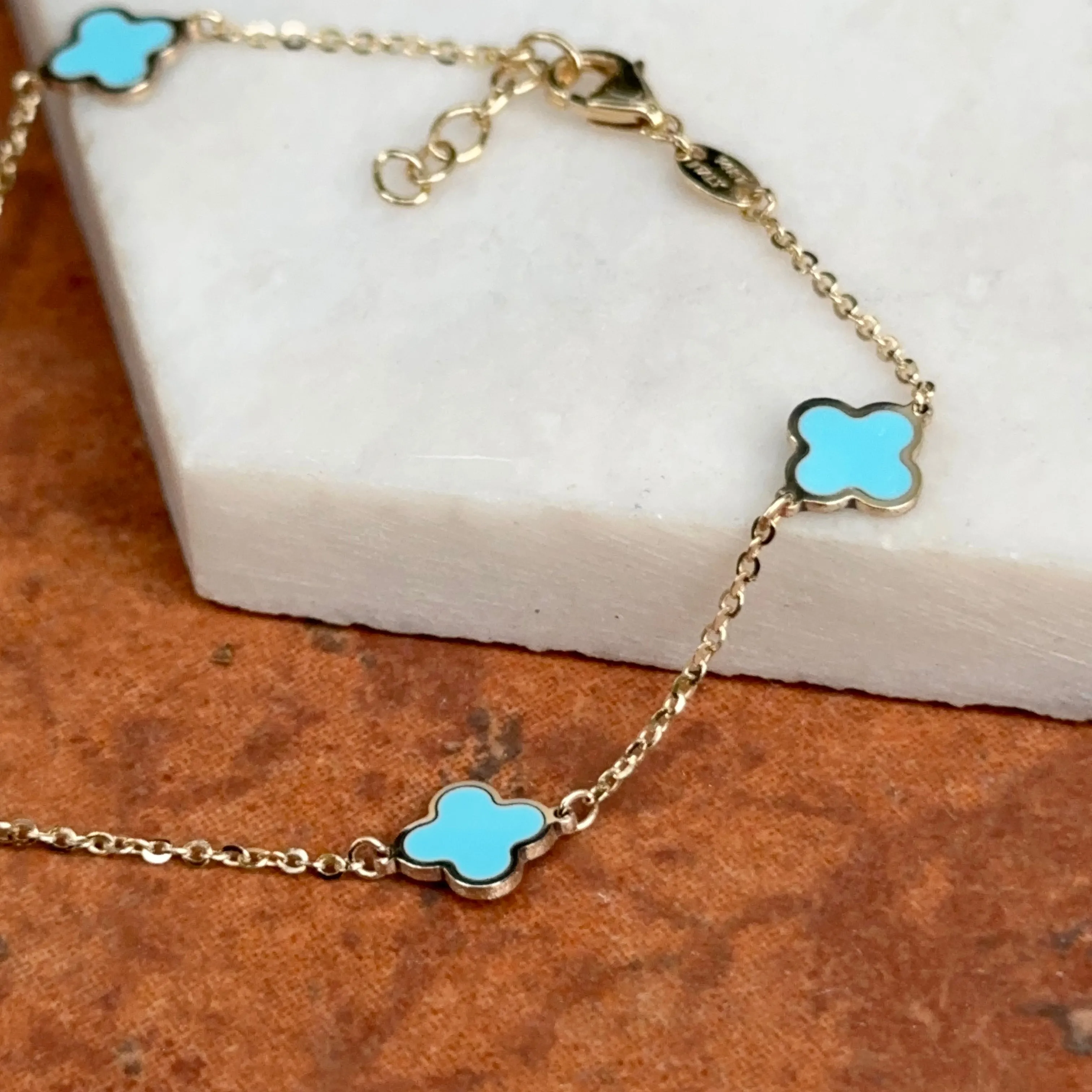14KT Yellow Gold Turquoise 7mm Clover Station Chain Bracelet