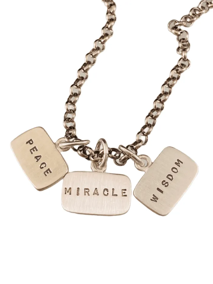 18” Sterling Silver Peace Miracle Wisdom Tag Charm Necklace