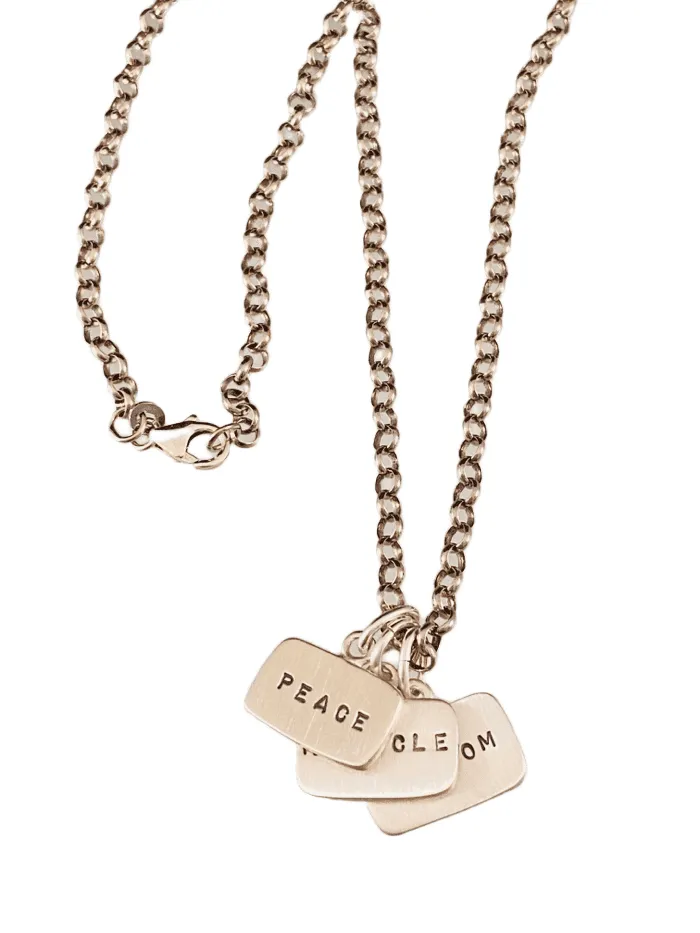 18” Sterling Silver Peace Miracle Wisdom Tag Charm Necklace