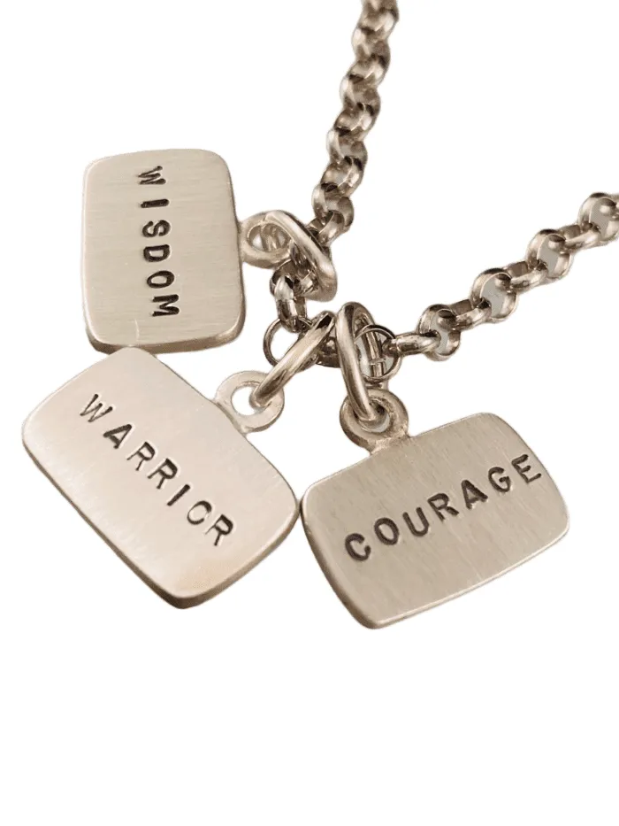 18” Sterling Silver Wisdom Warrior Courage Tag Charm Necklace