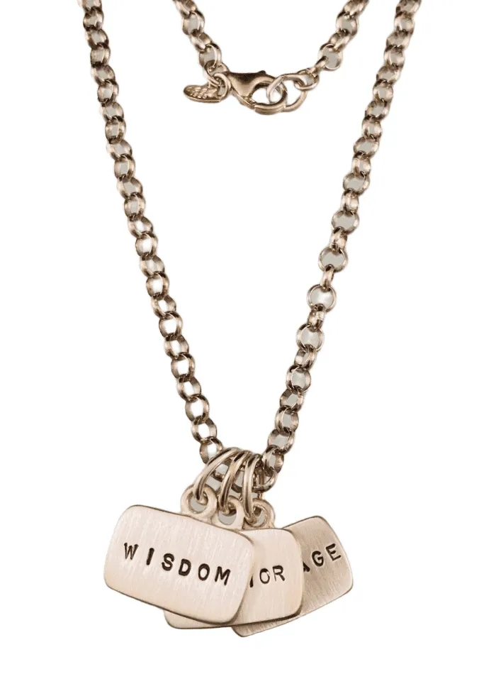 18” Sterling Silver Wisdom Warrior Courage Tag Charm Necklace