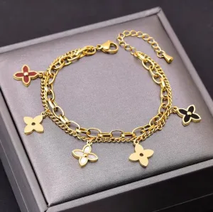 18k Gold Plated Stainless Steel Dangling Clovers Bracelet