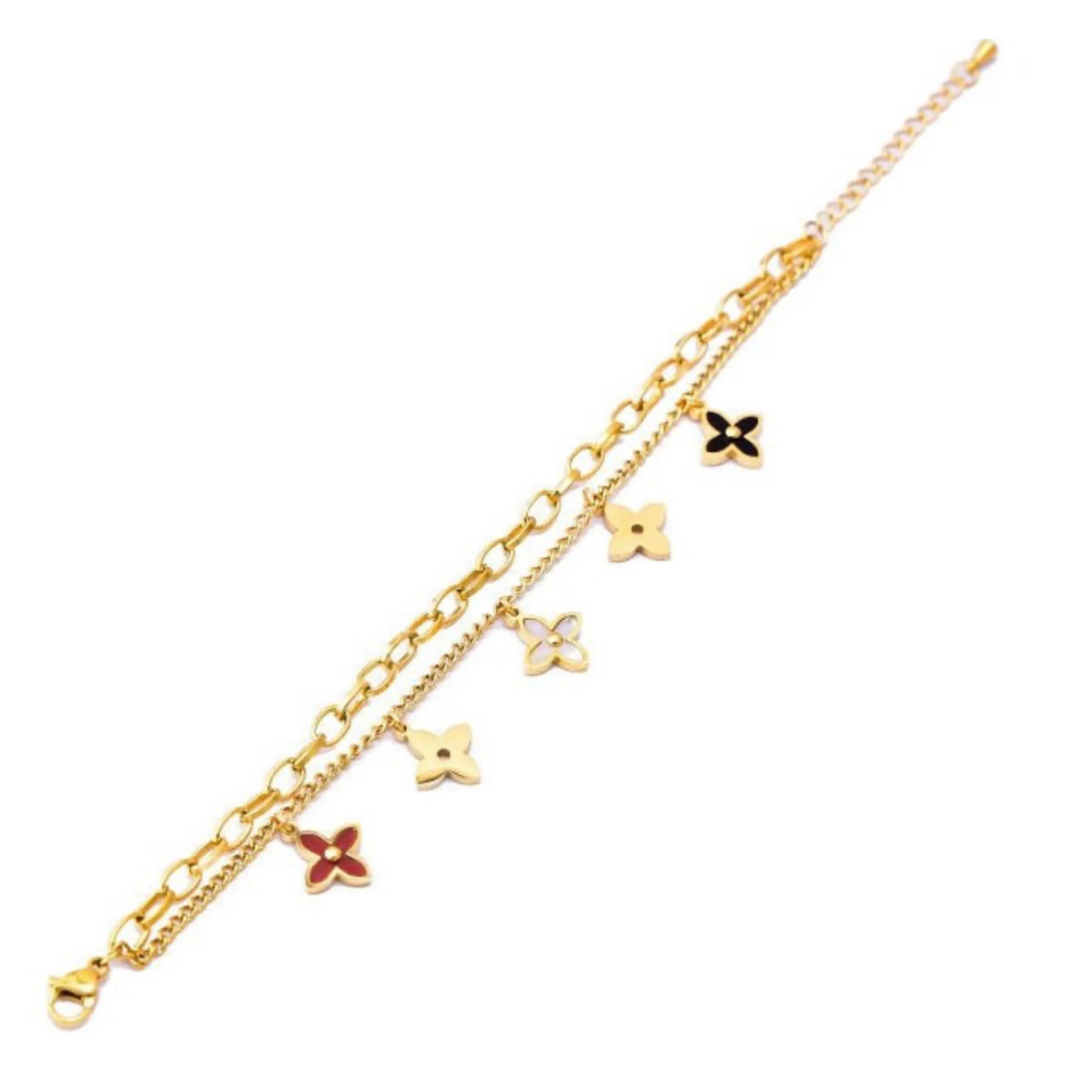 18k Gold Plated Stainless Steel Dangling Clovers Bracelet