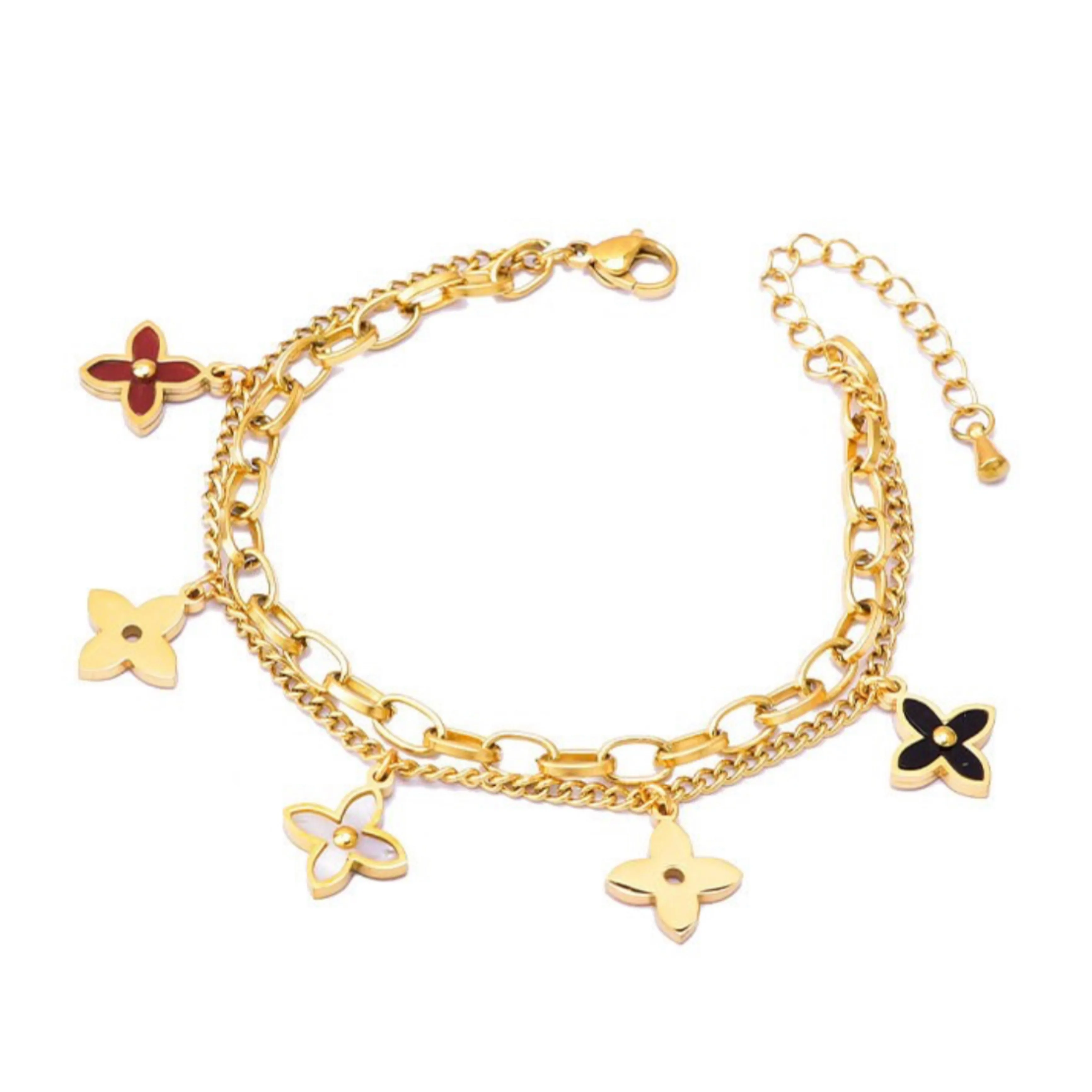18k Gold Plated Stainless Steel Dangling Clovers Bracelet